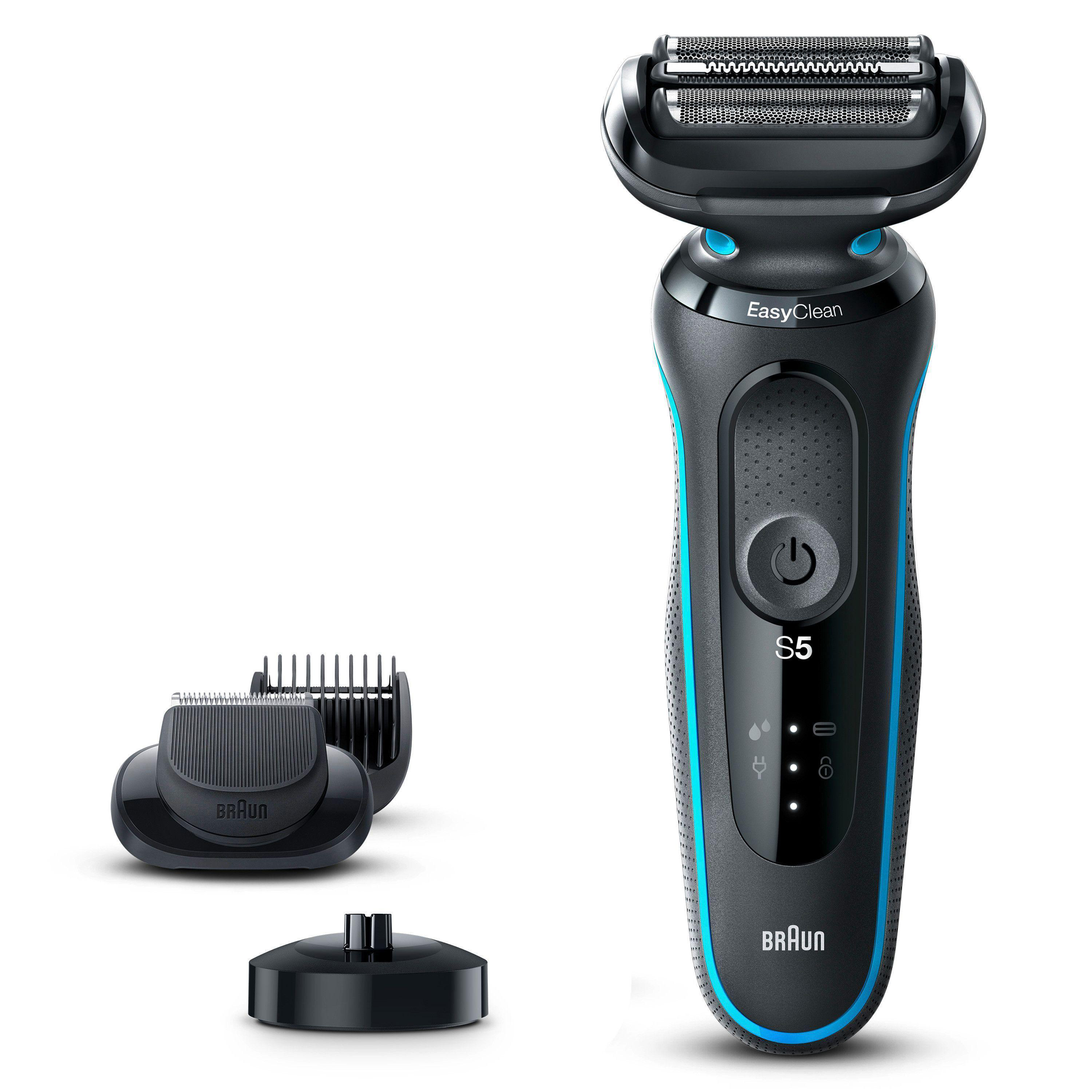 Schwarz-blauer elektrischer Rasierer Braun S5 mit Zubehör und Ladestation.