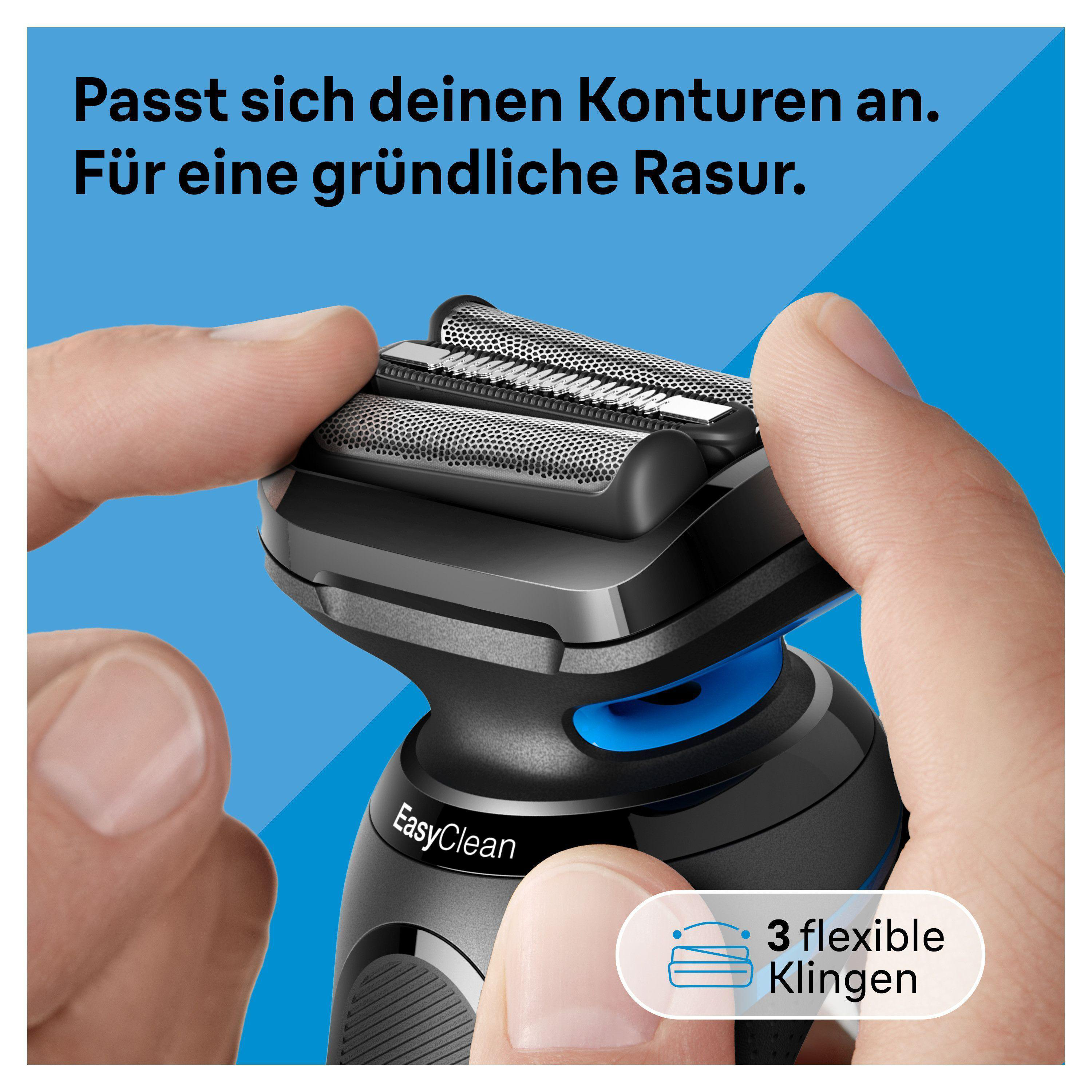 Nahaufnahme eines schwarz-blauen Elektrorasierers mit drei flexiblen Klingen.