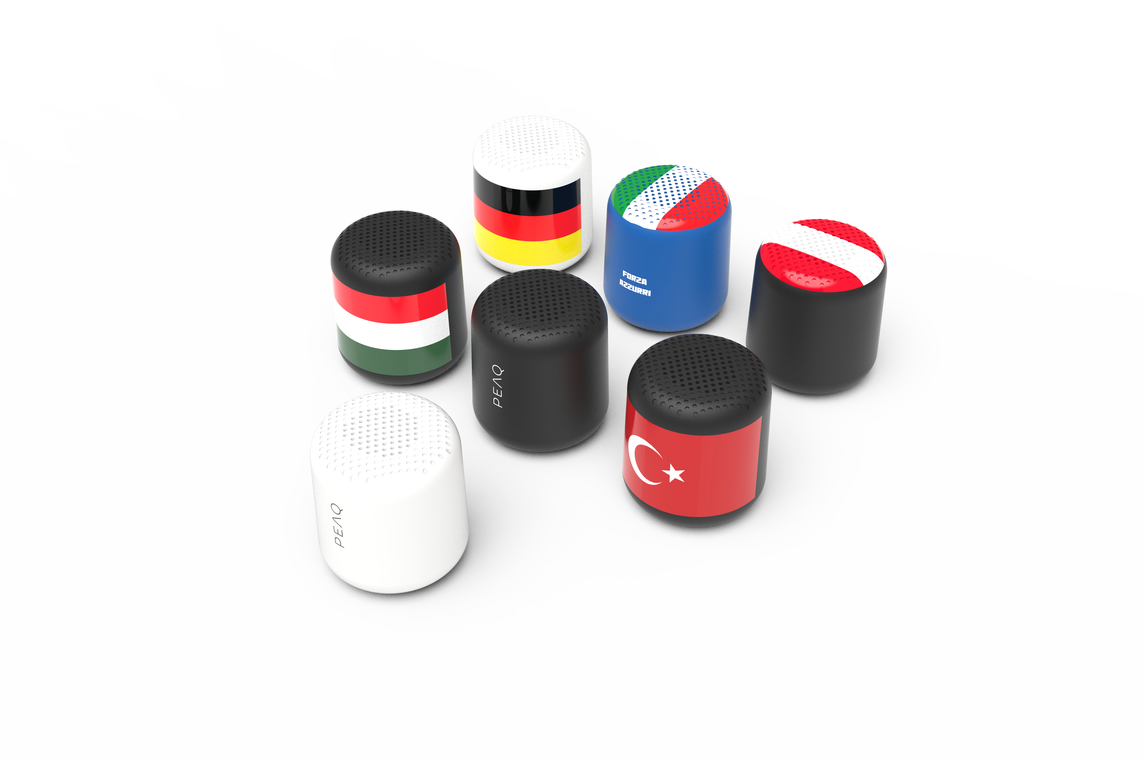 Kleine Lautsprecher mit Flaggen: Deutschland, Italien, Österreich, Türkei, Ungarn und ein weißer. Weißer Hintergrund.