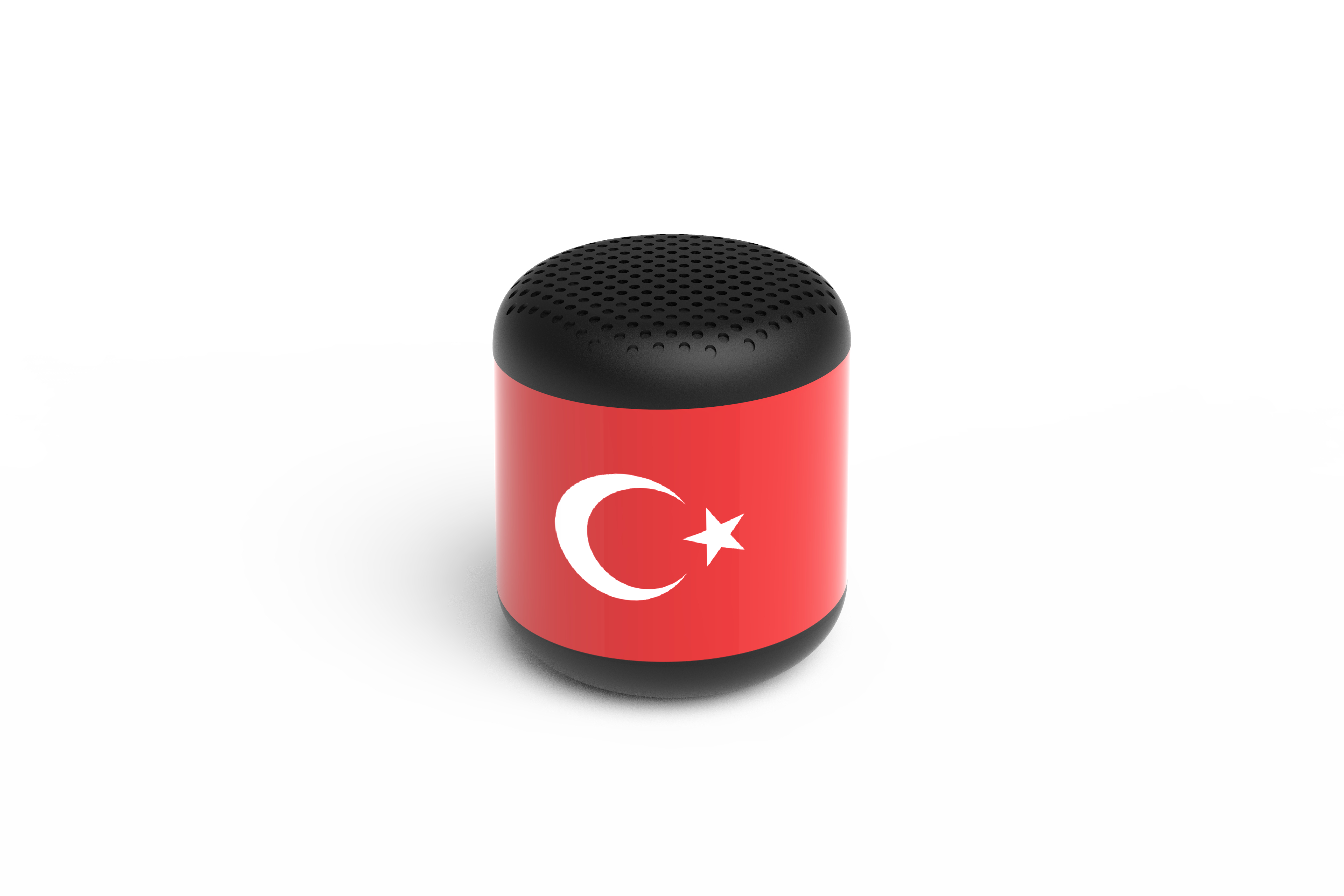 Kleiner, rot-schwarzer Lautsprecher mit der türkischen Flagge darauf.