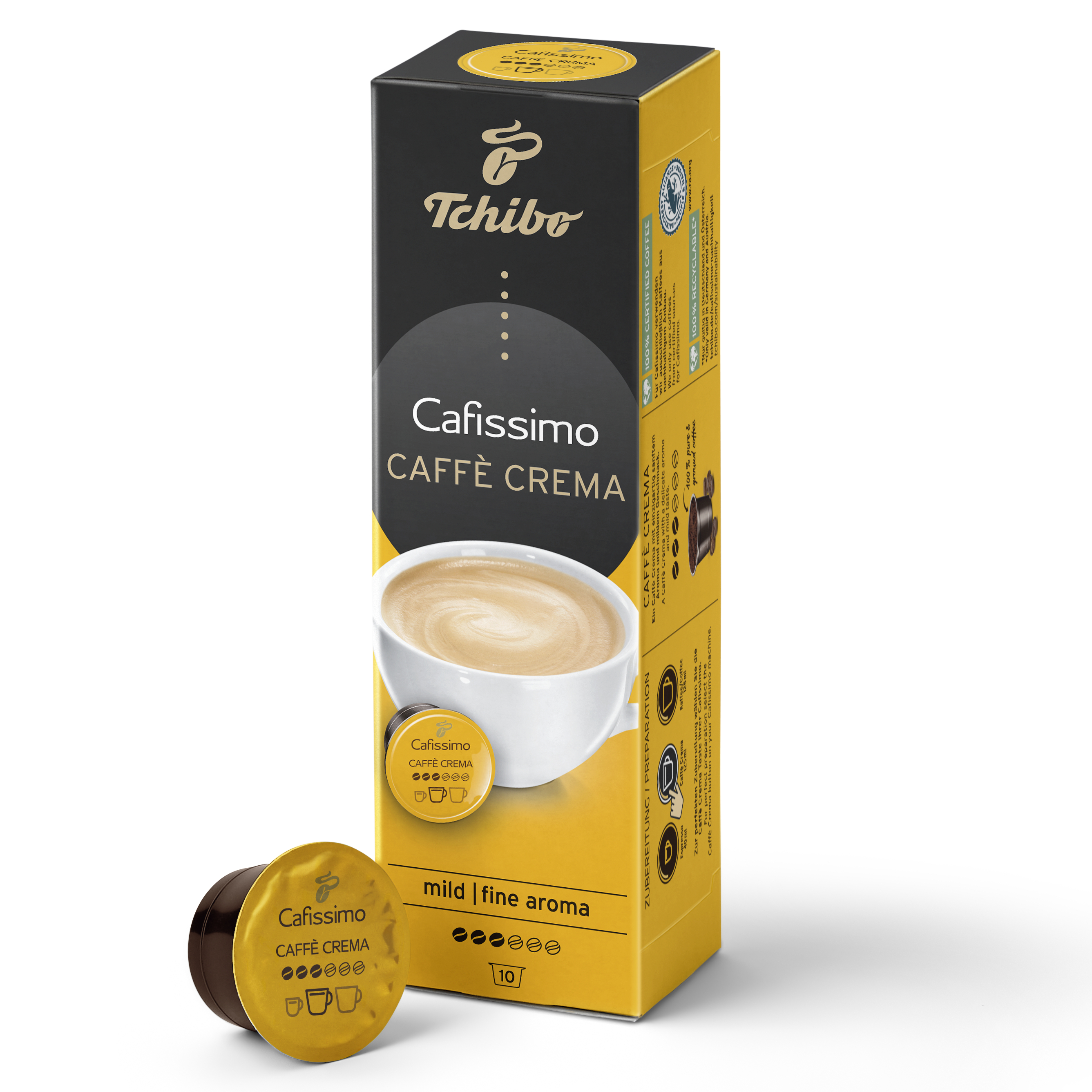 Pudełko kapsułek do kawy Tchibo Cafissimo z pojedynczą kapsułką obok.
