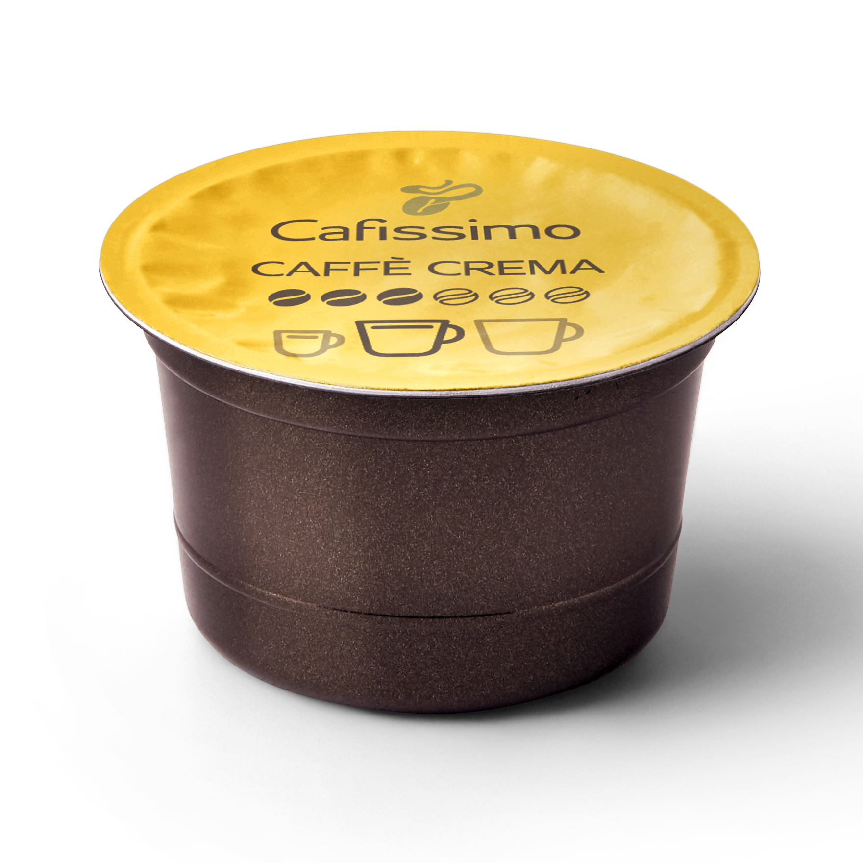 Kapsułka do kawy, z żółtą pokrywką. Tekst na pokrywce brzmi "Cafissimo Caffè Crema".