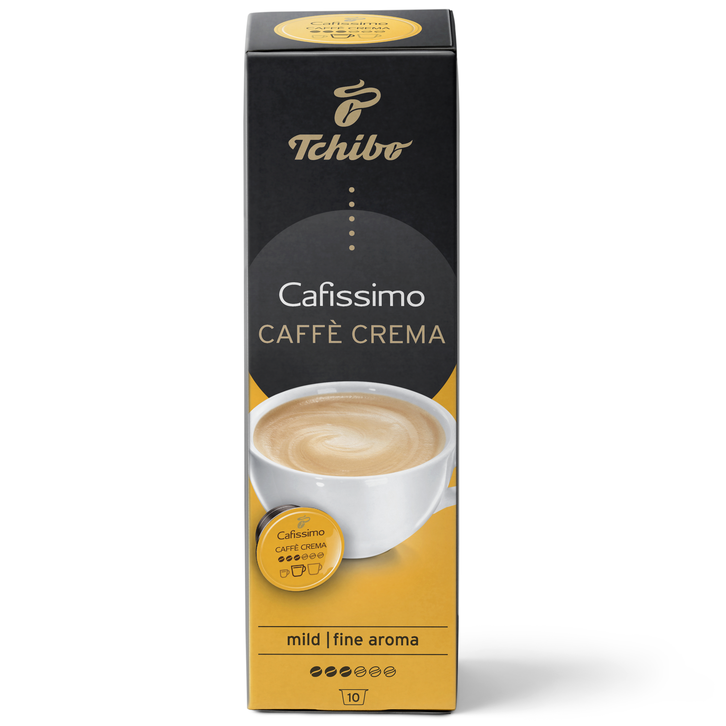 Pudełko kapsułek do kawy Tchibo Cafissimo z filiżanką kawy na przodzie.