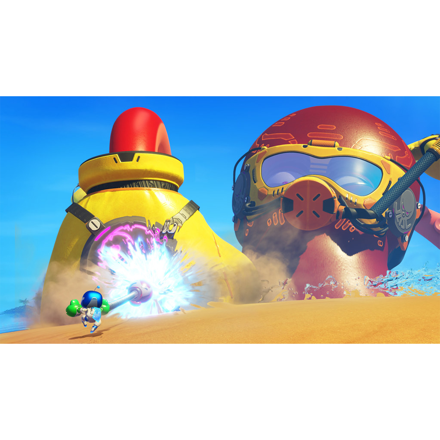 Personaggio di Astro Bot che spara un raggio a un robot gigante giallo e rosso in un deserto.