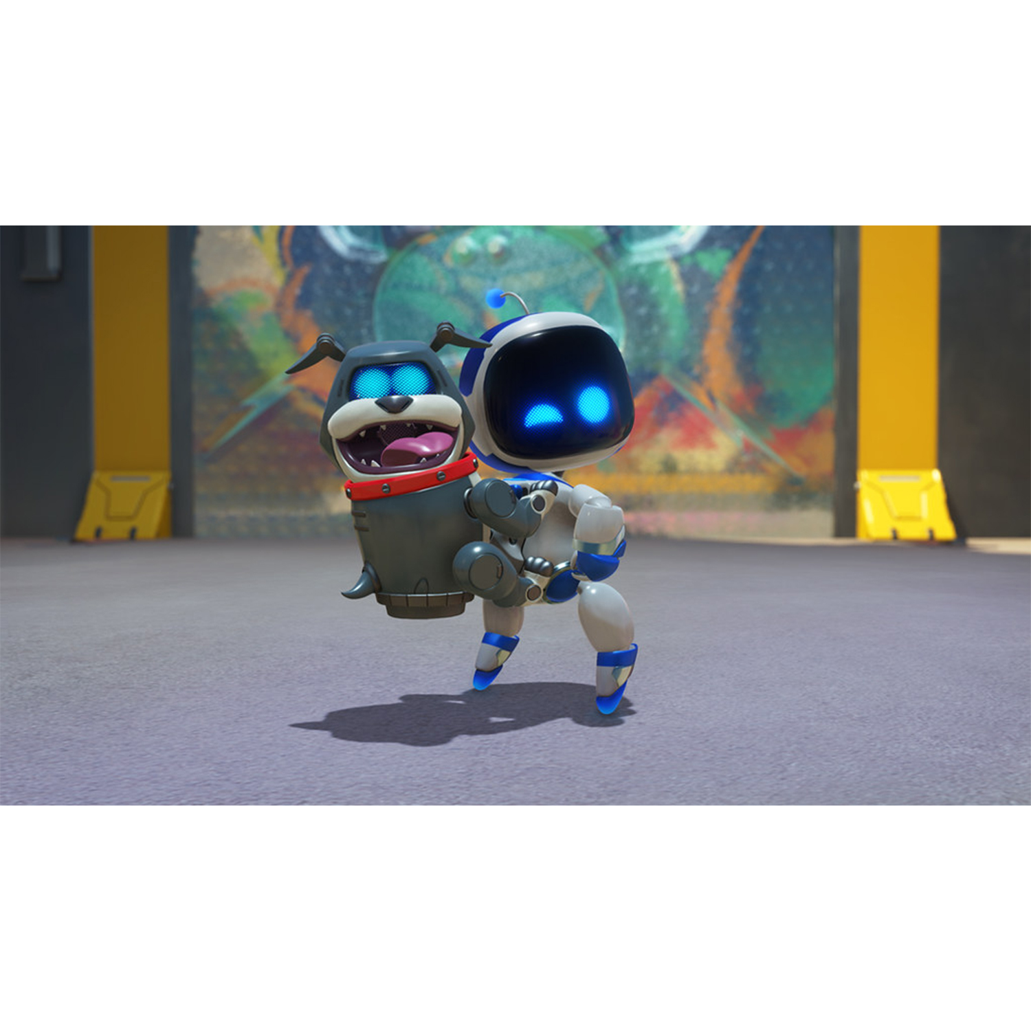 Personaggio robot Astro Bot che trasporta un cane robot in un ambiente grigio e giallo.