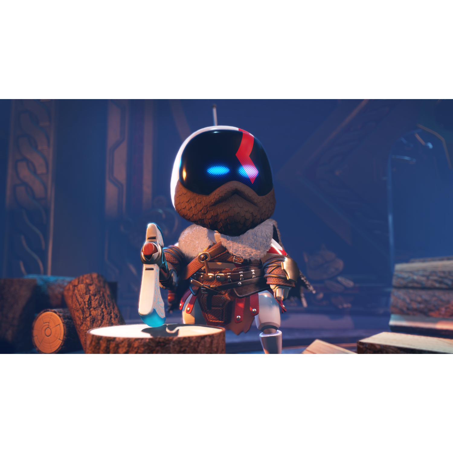 Cartoon character in a scene. Blue-eyed character with beard, holding a tool.