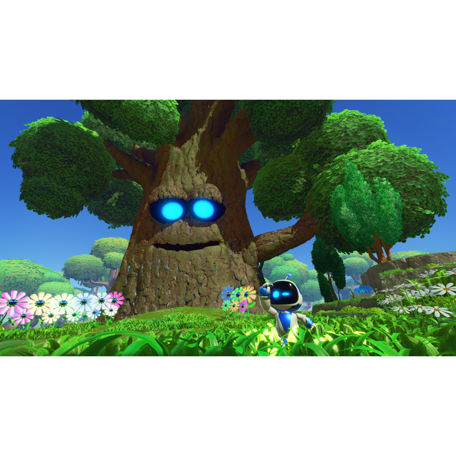 Astro Bot robot in a lush, cartoonish forest with a smiling tree.