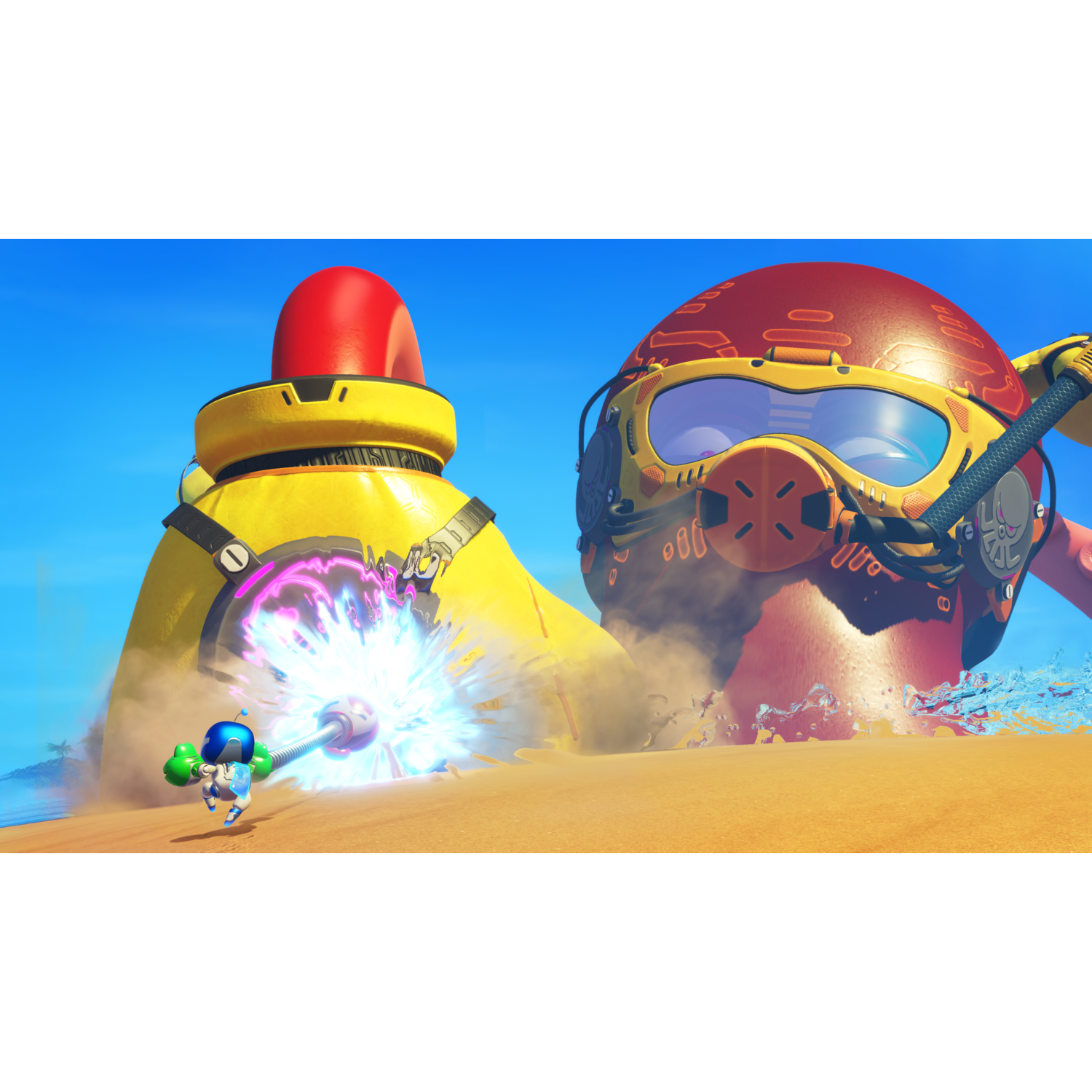 A cartoon scene: a robot shoots a laser at a large head-shaped object on a desert.