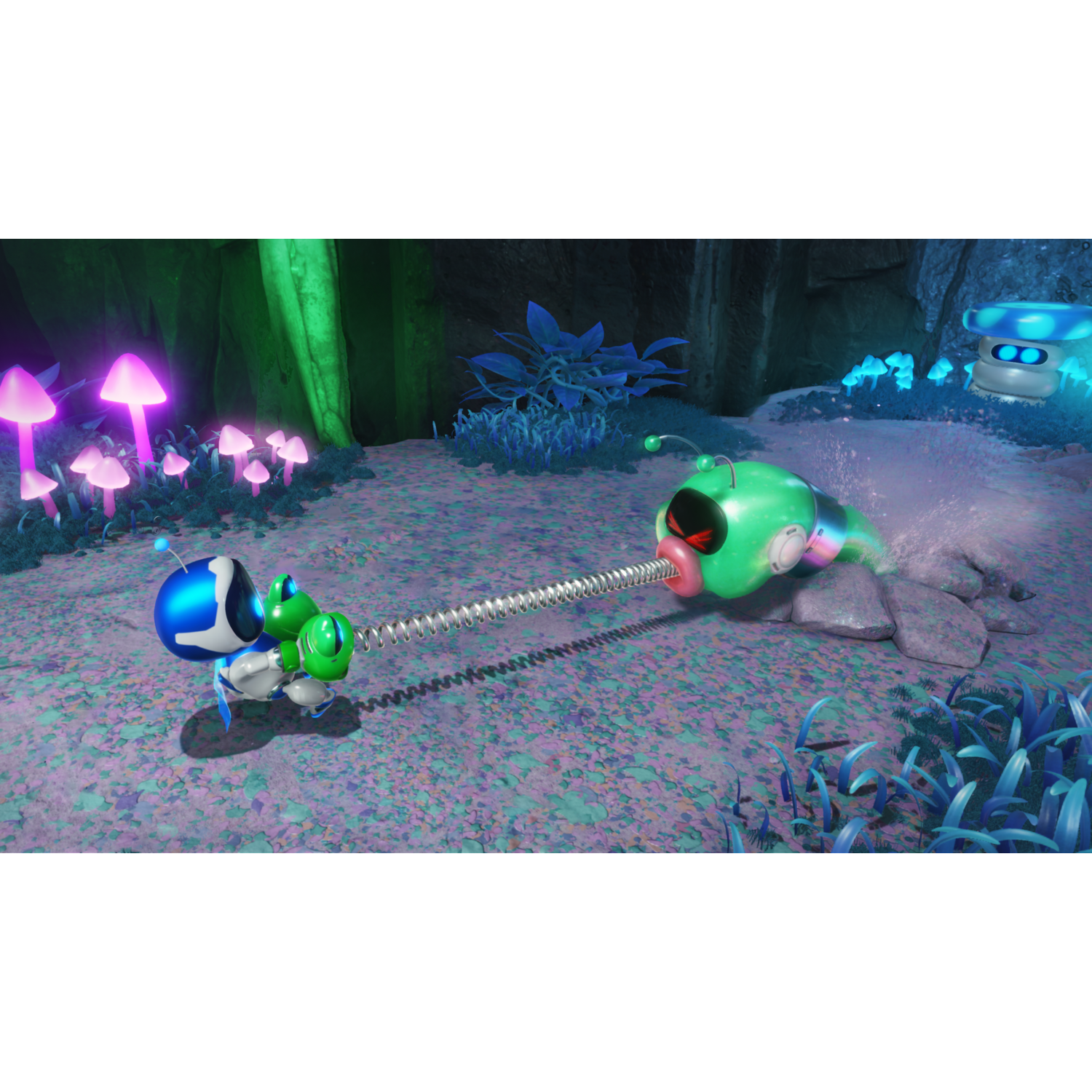 A cartoon scene with two blue robots and a green worm. Fantasy environment.