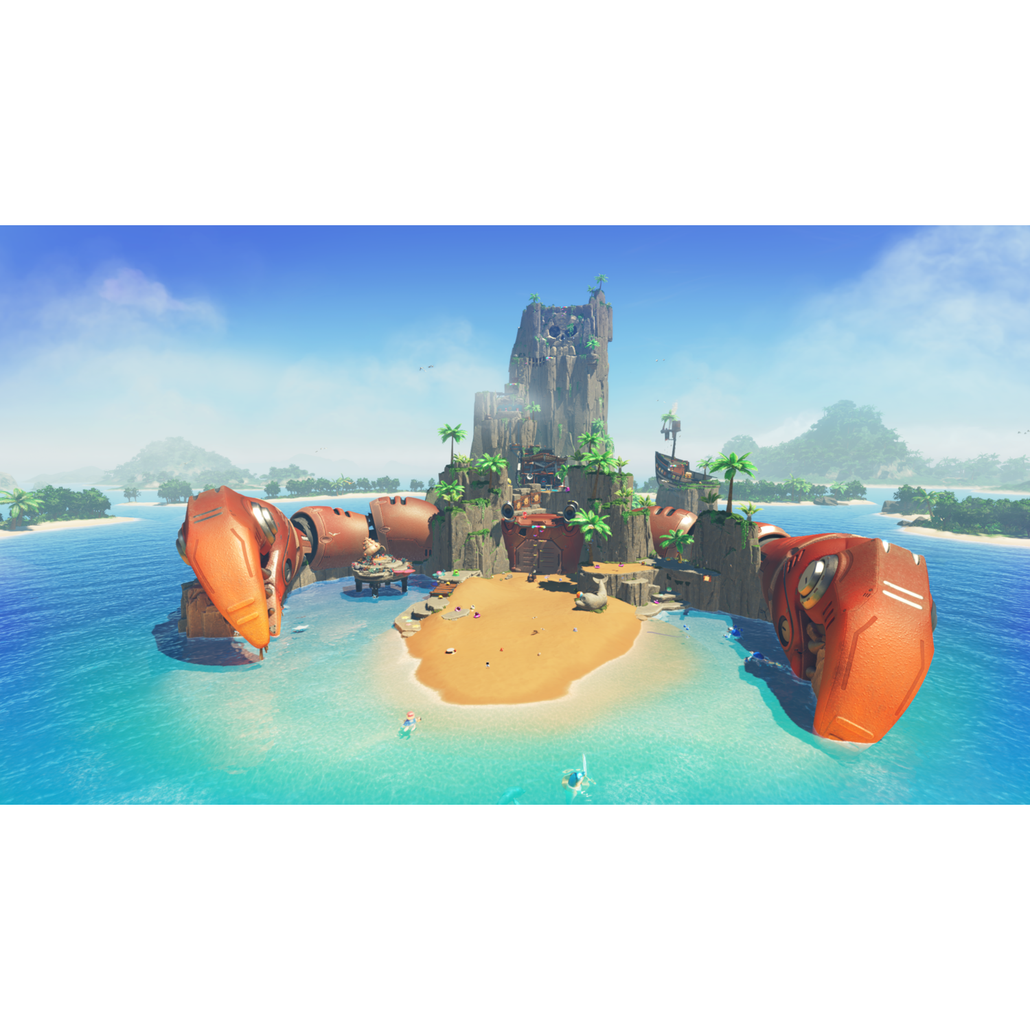 Island with large orange crab-like structures. Buildings on top, blue sea surrounds the island.