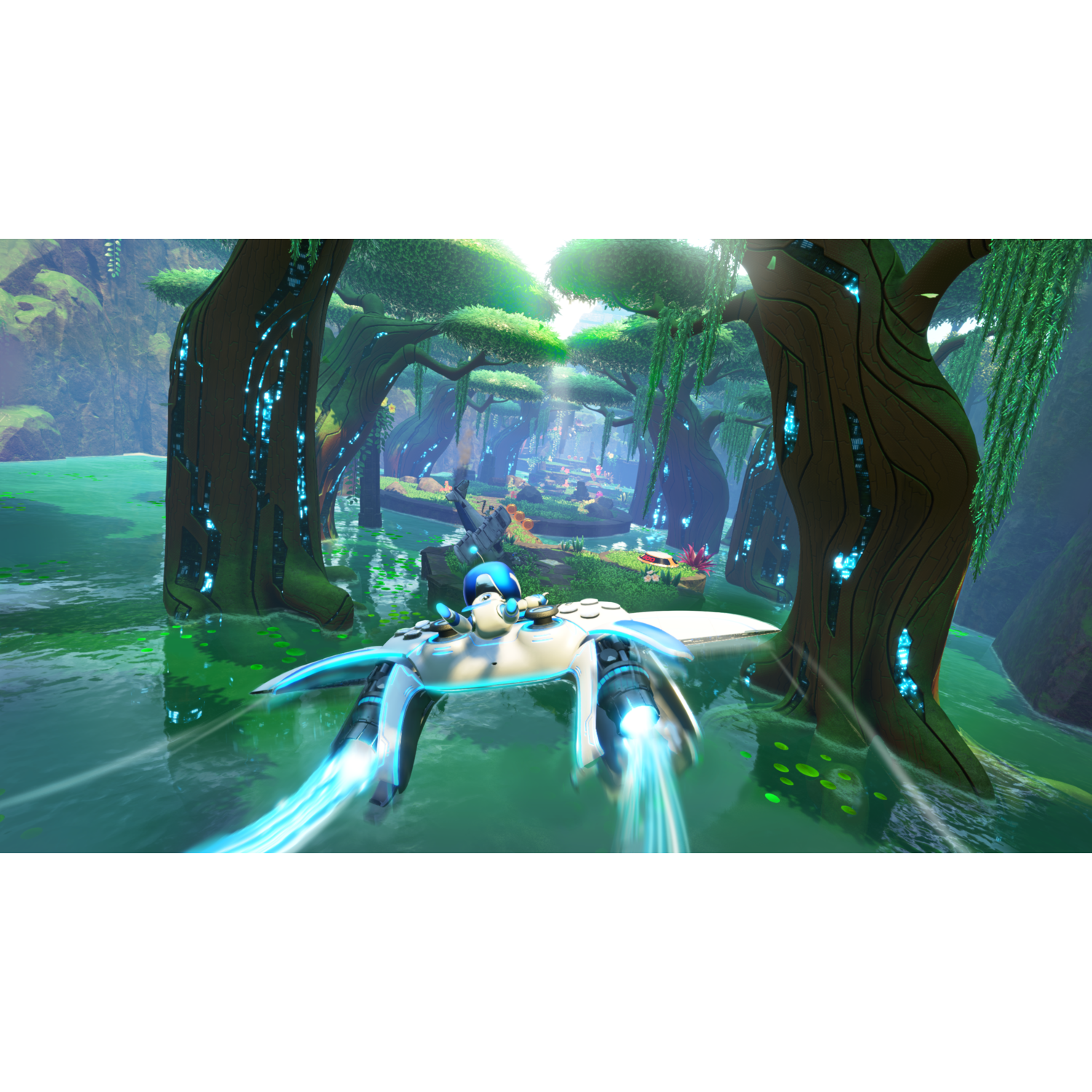 Futuristic flying craft over a water-filled landscape with giant, glowing, tree-like structures.