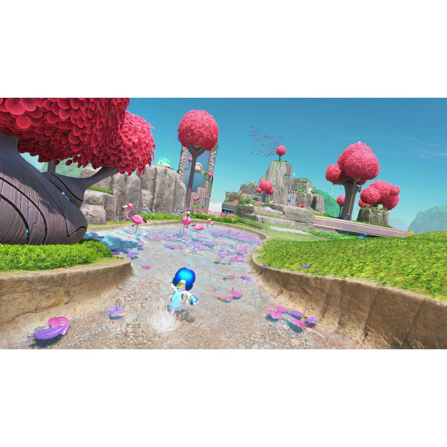 A character runs through a colorful landscape with pink trees and flamingos in a stream, under a blue sky.