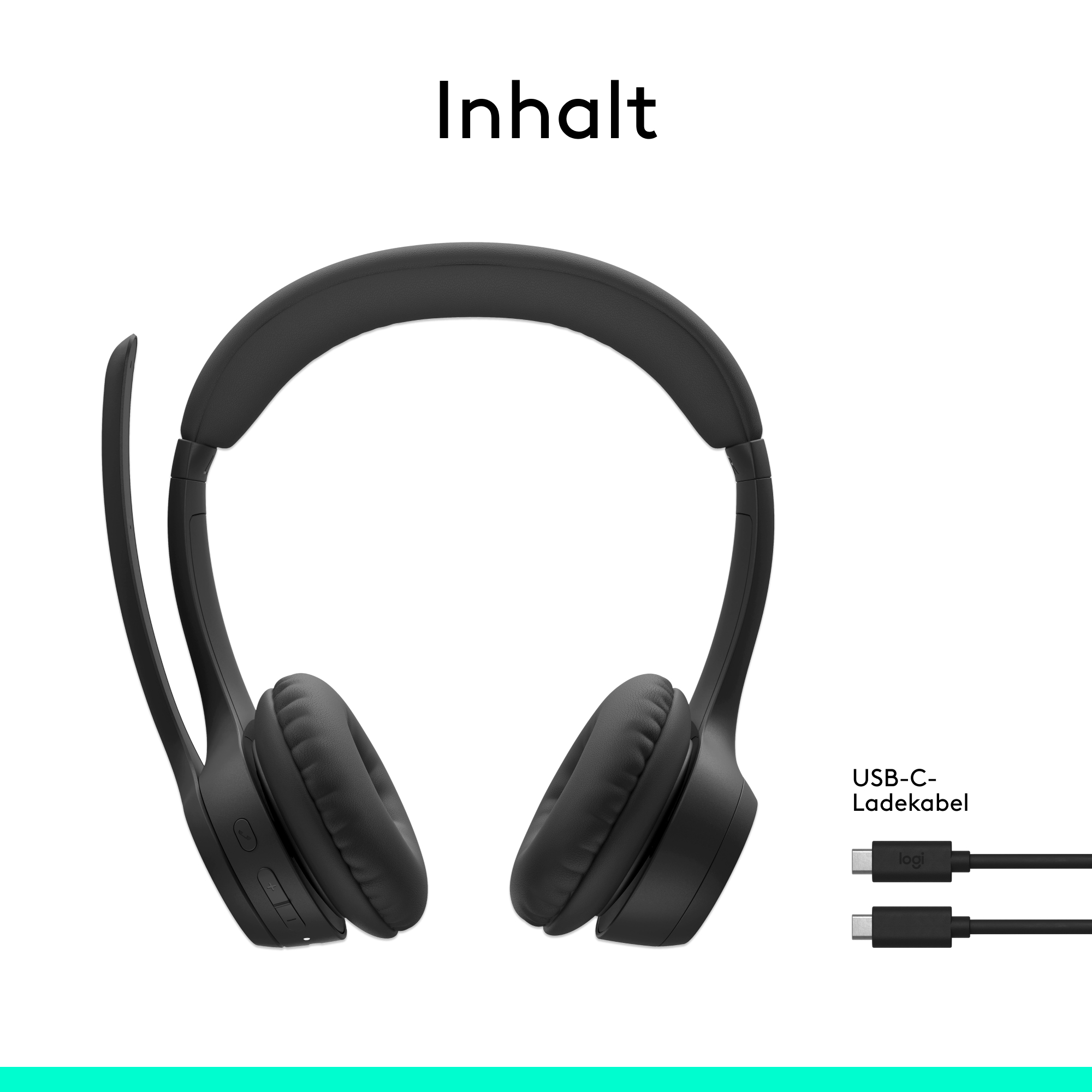 Schwarzes Headset mit Mikrofon und USB-C-Ladekabel, mit dem Wort 'Inhalt'.