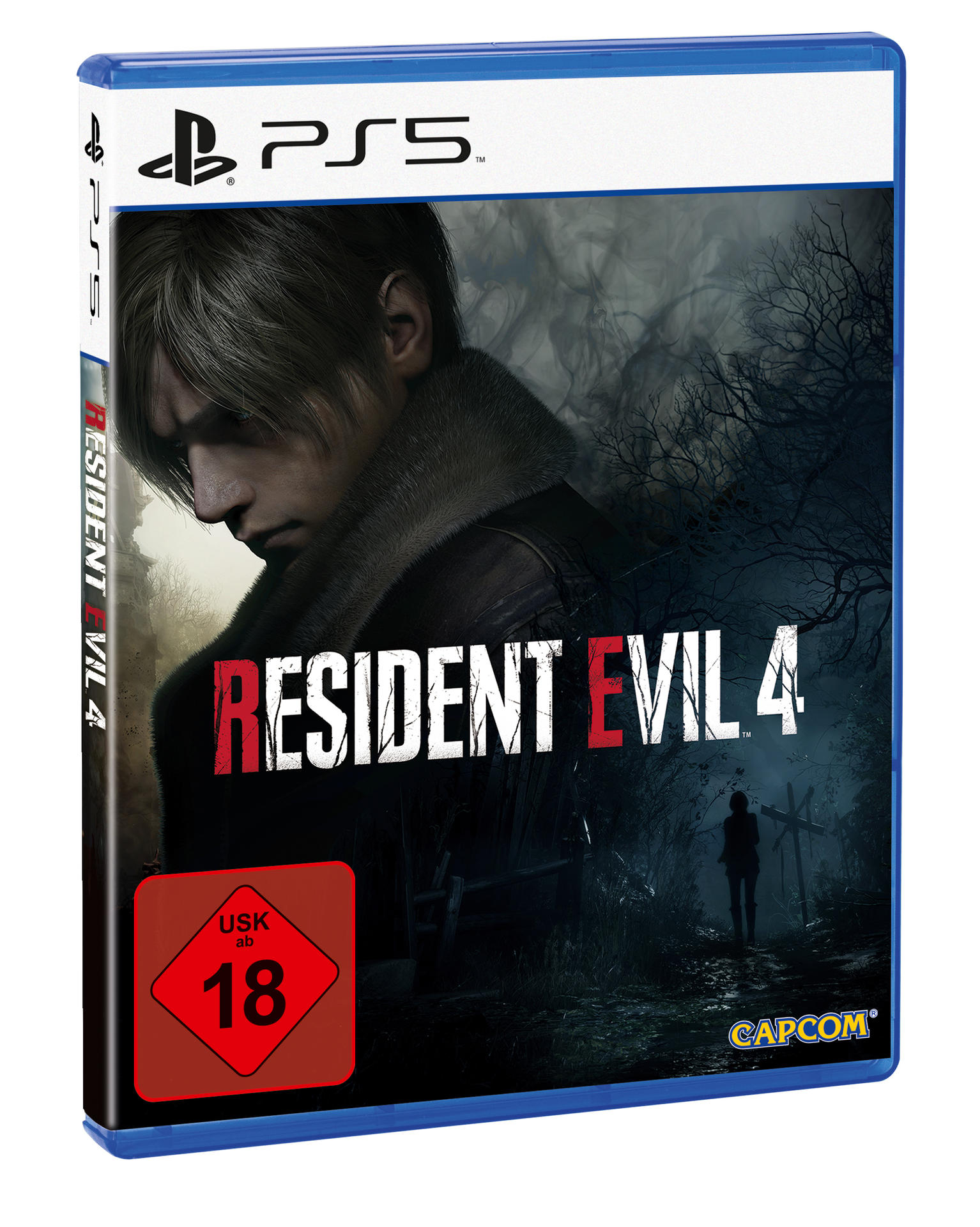 Spielhülle für Resident Evil 4, PS5. Zeigt einen Mann in schwarzer Lederjacke und den Titel.