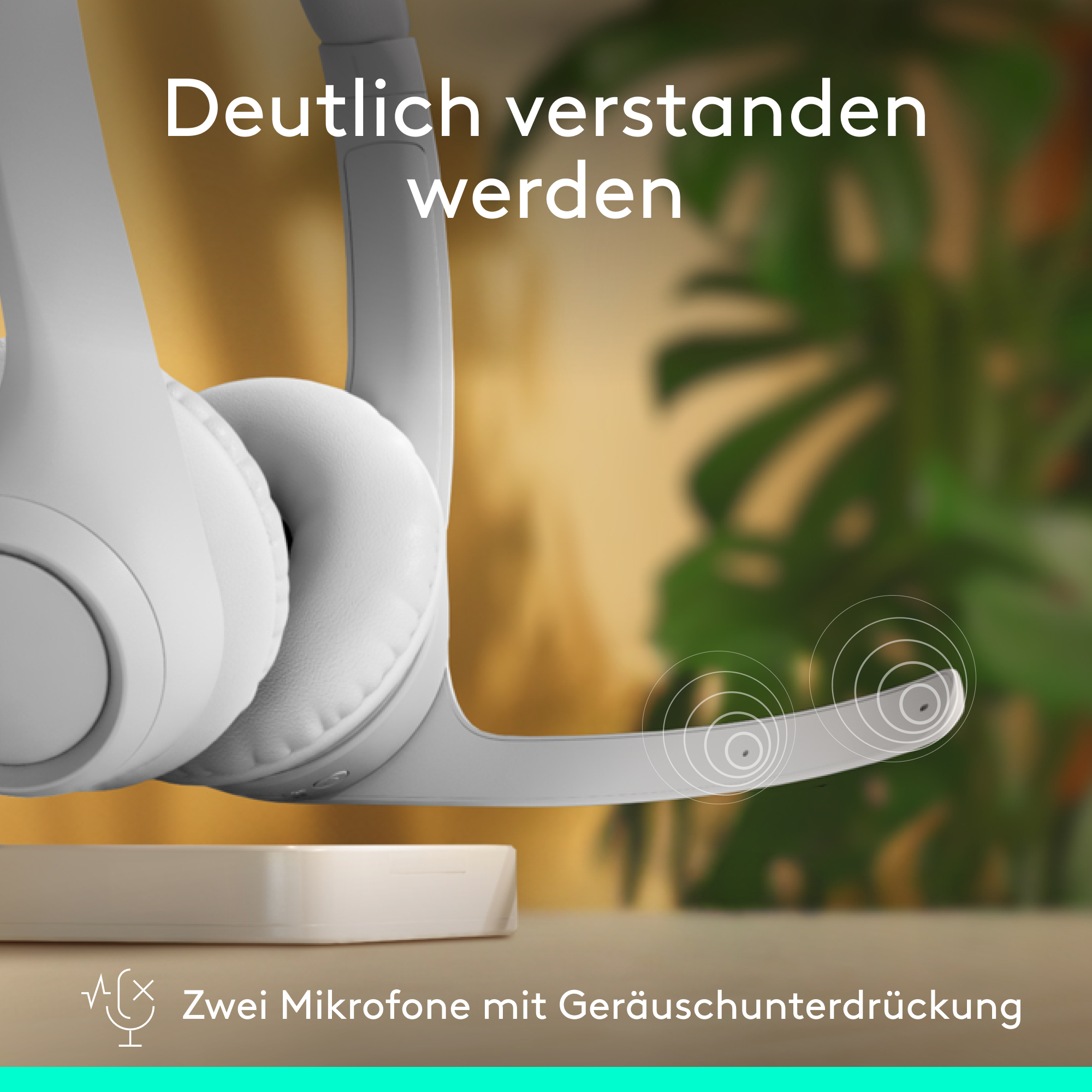 Weiße Kopfhörer mit Mikrofon auf weißer Basis. Text sagt 'Deutlich verstanden' und 'Zwei Mikrofone'.