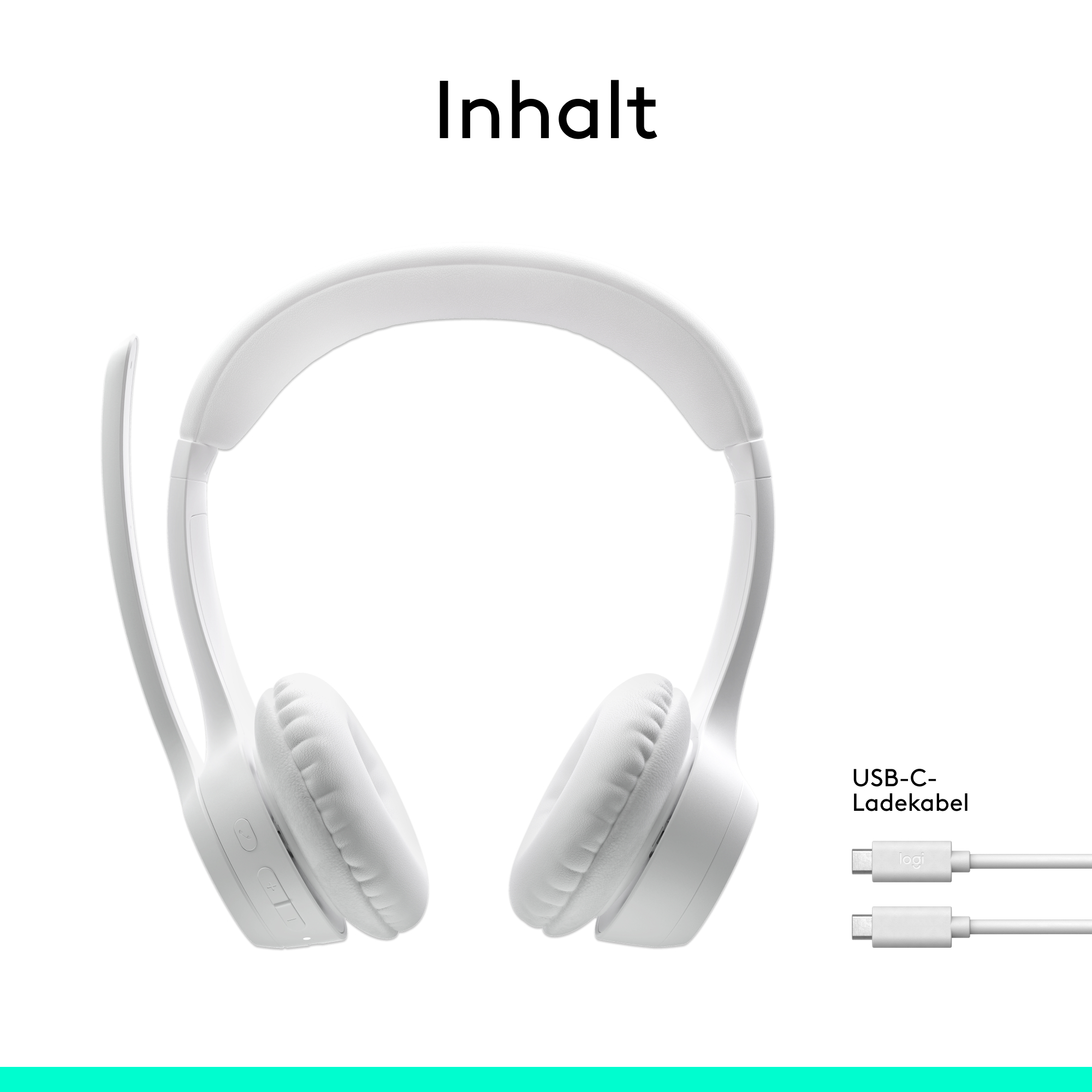Weiße Kopfhörer mit Mikrofon und zwei Ladekabeln. Der Text 'Inhalt' steht oben.