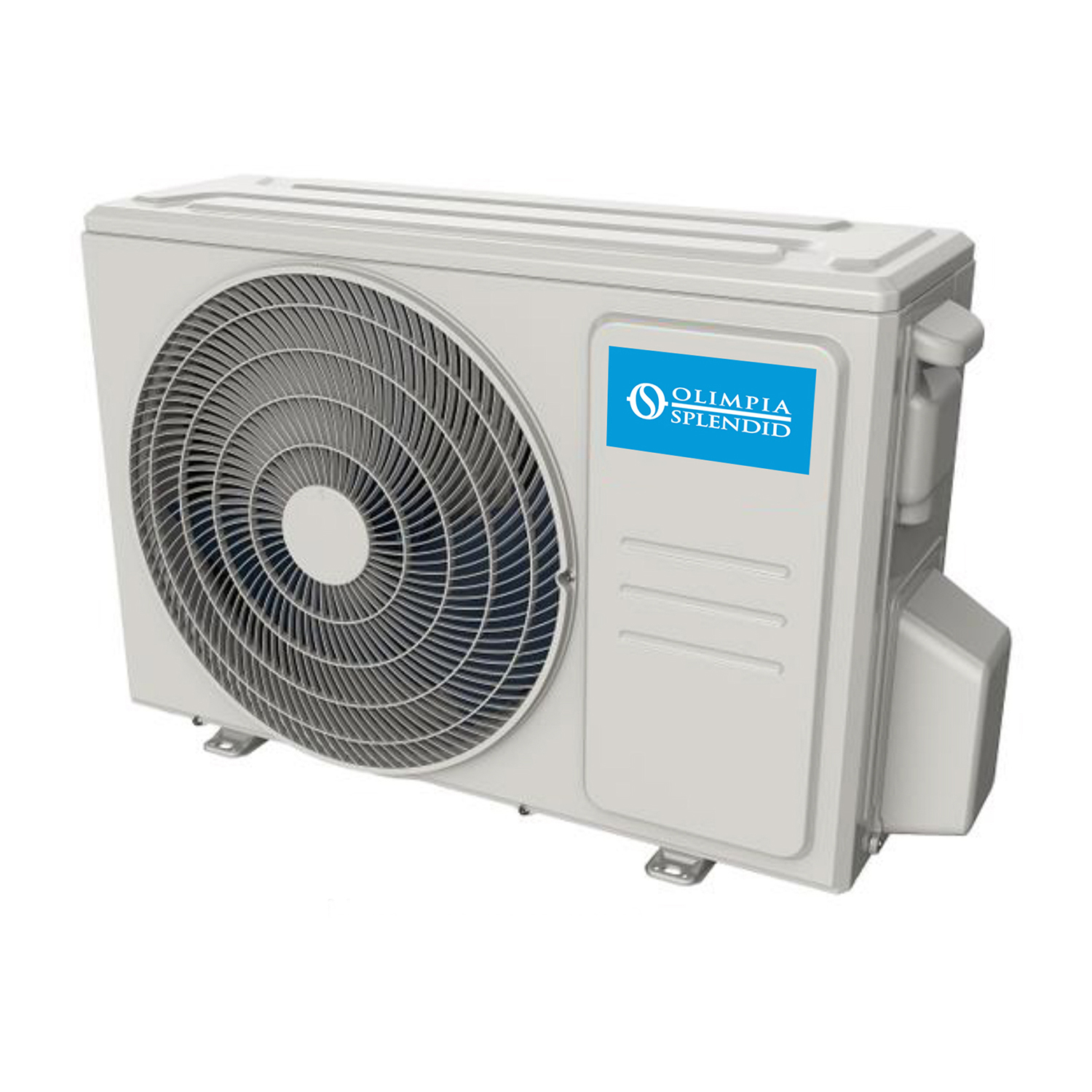 Unità condizionatore bianca. Logo Olimpia Splendid. Design a ventola sulla parte anteriore.