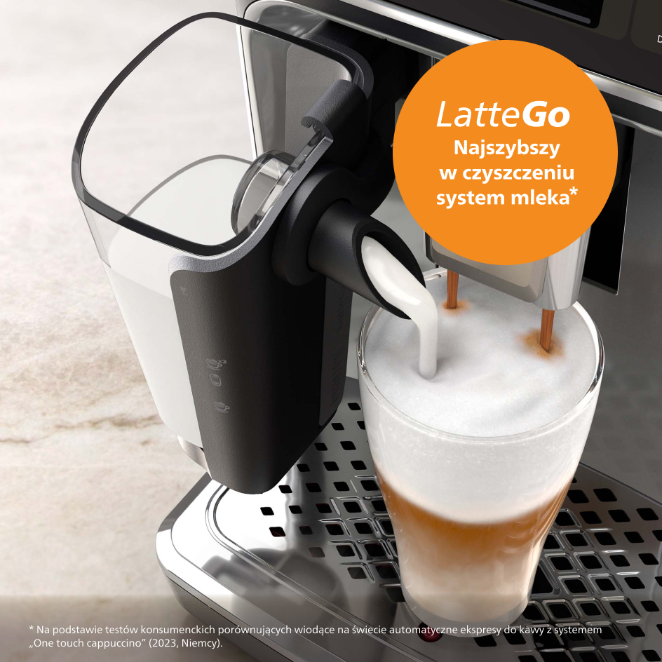 Ekspres do kawy wlewający mleko do szklanki, z tekstem o systemie LatteGo.