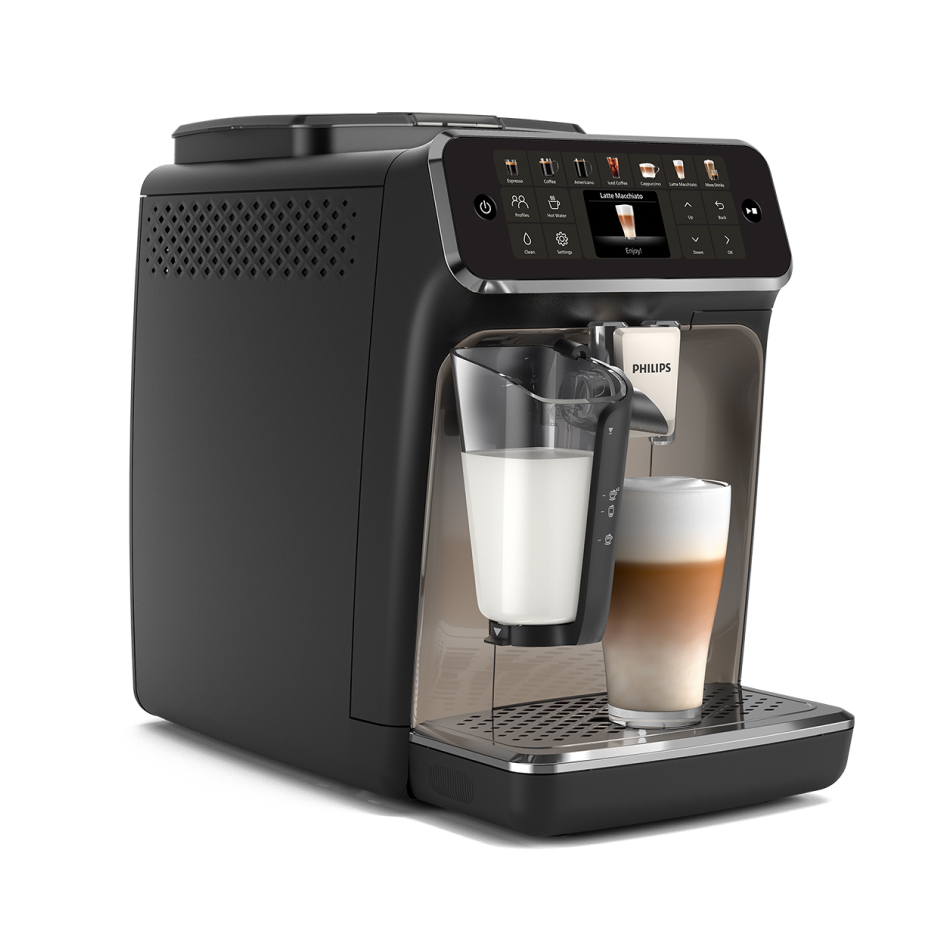 Czarny ekspres do kawy z pojemnikiem na mleko i szklanką latte.