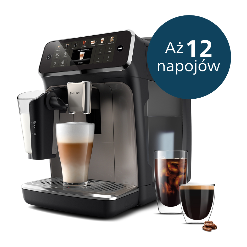 Ekspres do kawy z dwiema szklankami kawy i ziarnami. Tekst w języku polskim.