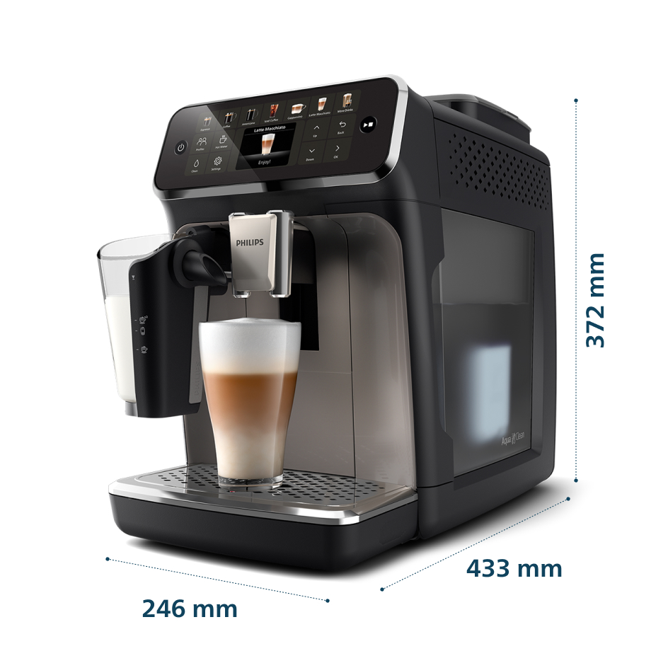 Czarno-srebrny ekspres do espresso Philips robiący latte.