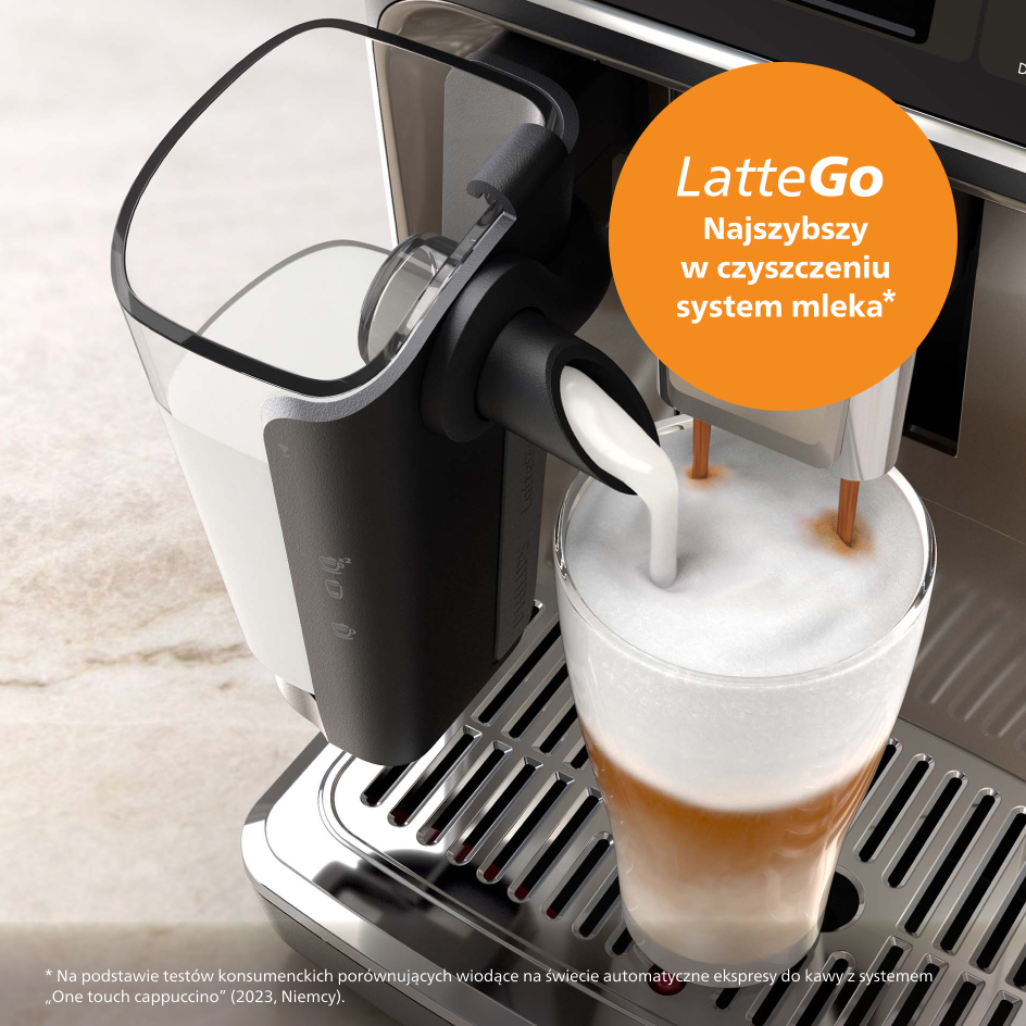 Ekspres do kawy z mlekiem wlewanym do szklanki. Wyświetlany jest tekst LatteGo.