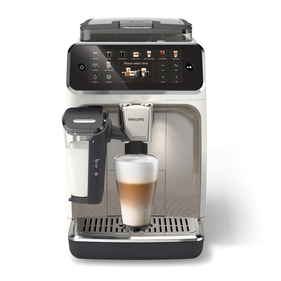 Ekspres do kawy z pojemnikiem na mleko i szklanką latte.