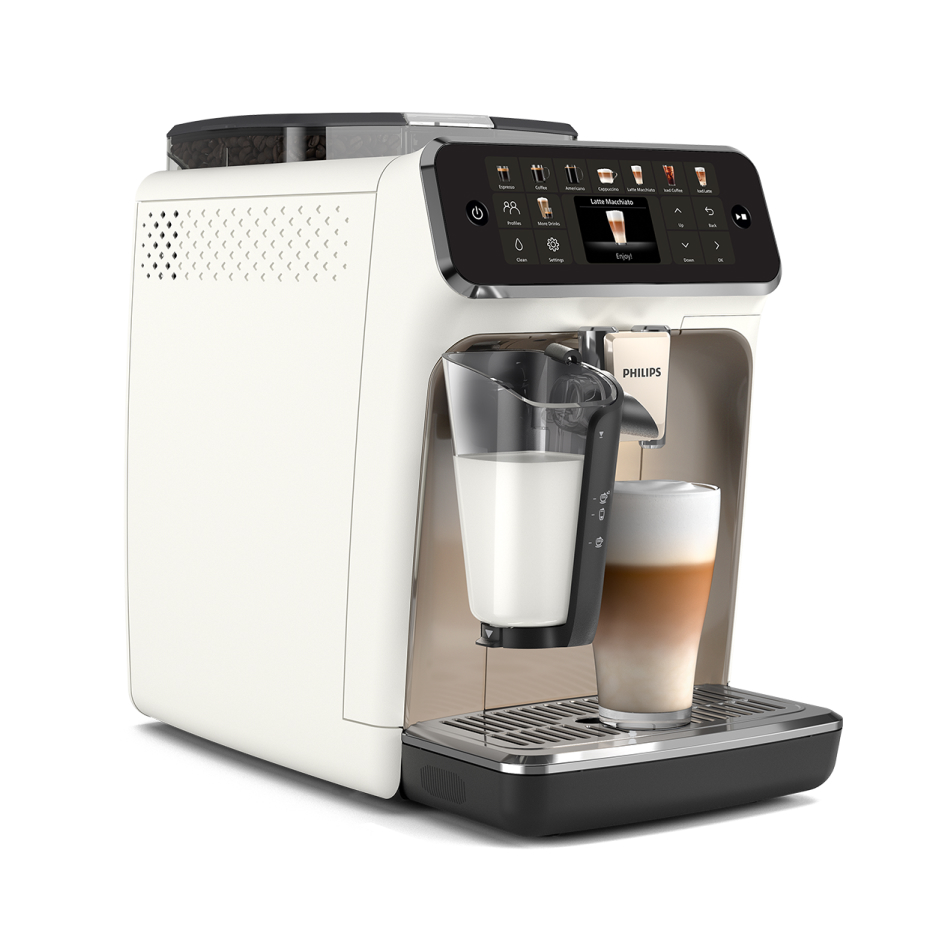 Biało-beżowy ekspres do kawy z pojemnikiem na mleko i szklanką.