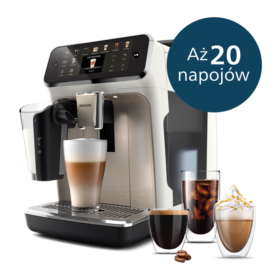 Ekspres do kawy ze szklanką latte. Maszyna ma ekran dotykowy i oferuje 20 napojów.