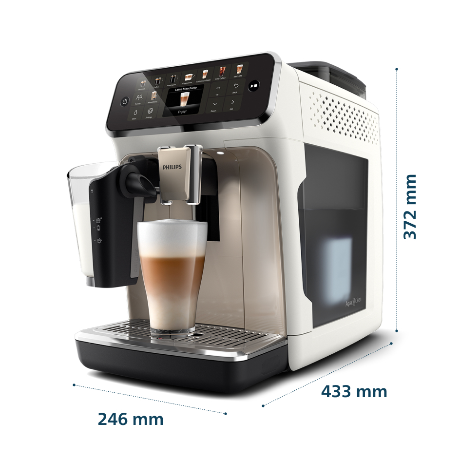 Biało-srebrny ekspres do kawy Philips z latte.