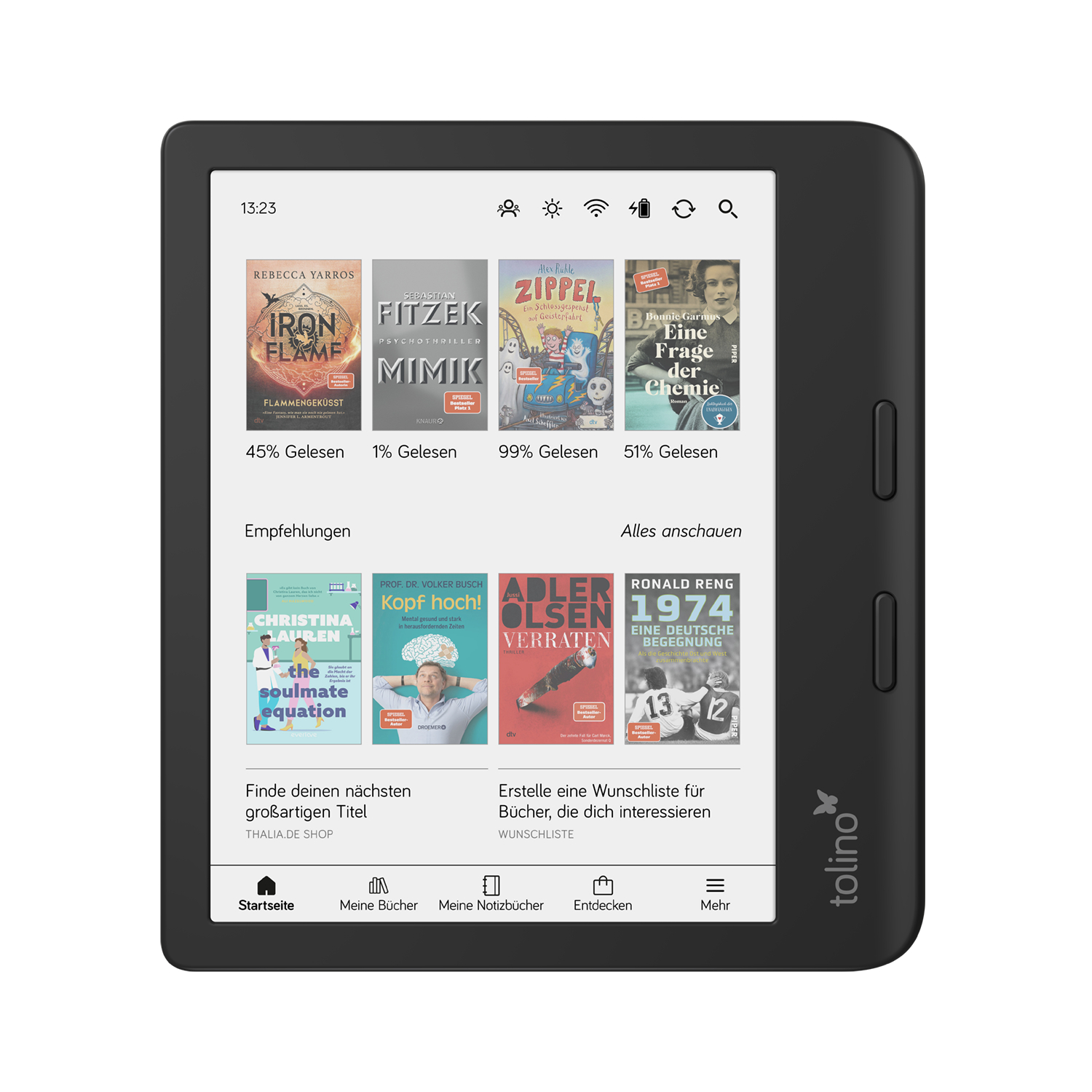 Schwarzer Tolino-E-Reader mit verschiedenen Buchcovern. Der Bildschirm zeigt Buchtitel und Lesefortschritt.