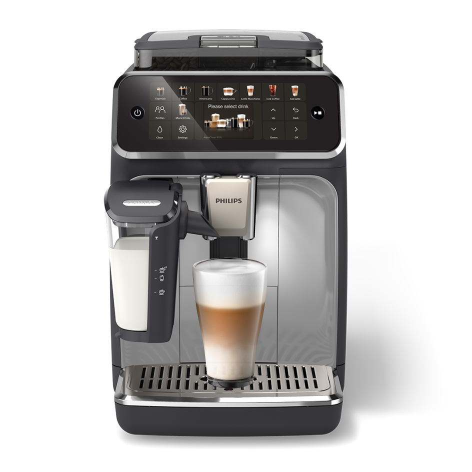 Ekspres do kawy z pojemnikiem na mleko i szklanką latte.