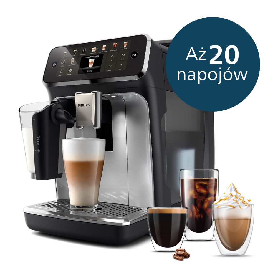 Ekspres do kawy z napojami kawowymi. Różne napoje kawowe w szklankach. Tekst po polsku.