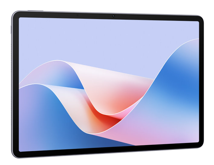 Tablet z dużym ekranem wyświetlającym abstrakcyjne, kolorowe, faliste linie na białym tle.