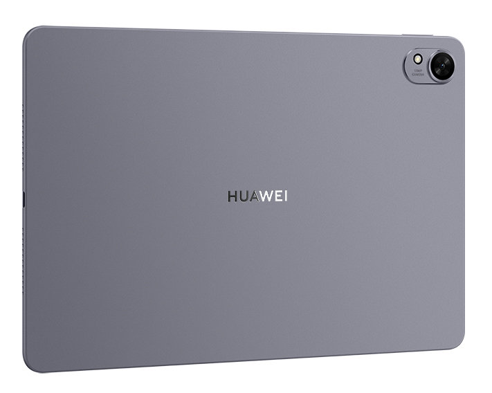 Szary tył tabletu Huawei z aparatem. Logo Huawei z tyłu.