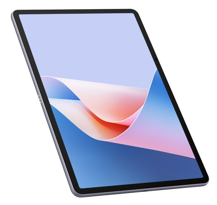 Tablet pod kątem, z jasnoniebieską i różową abstrakcyjną tapetą na ekranie.