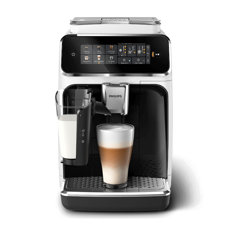 Ekspres do kawy, pojemnik na mleko i latte w szklance.