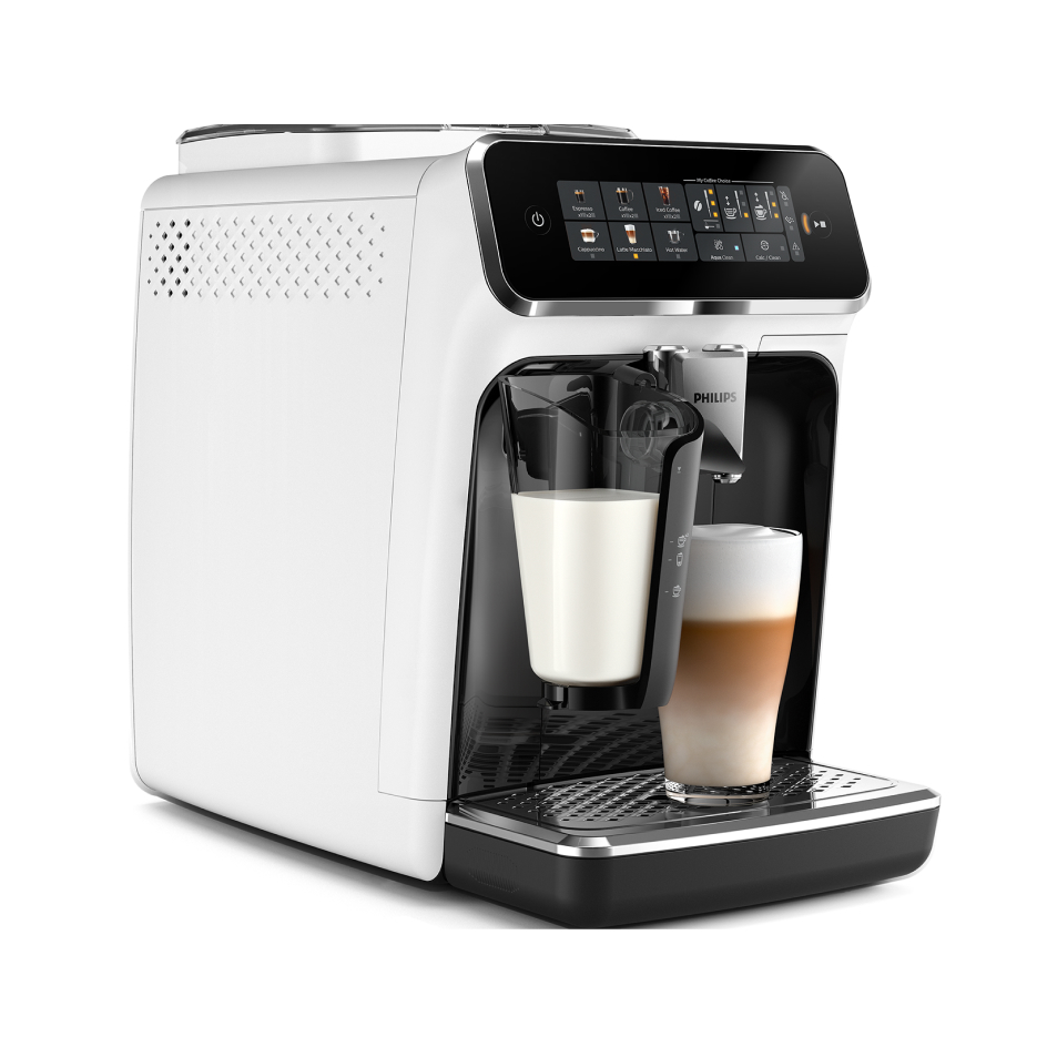 Biało-czarny ekspres do kawy, ze zbiornikiem na mleko i filiżanką kawy. Białe tło.