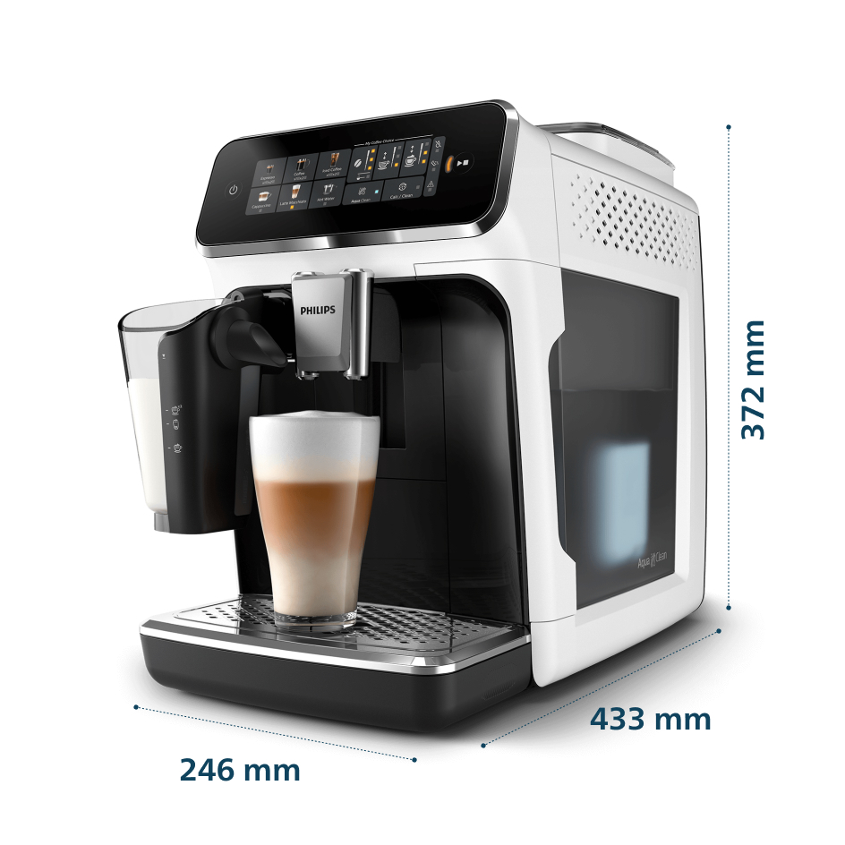 Biało-czarny ekspres do kawy Philips z szklanką latte macchiato i pojemnikiem na mleko.