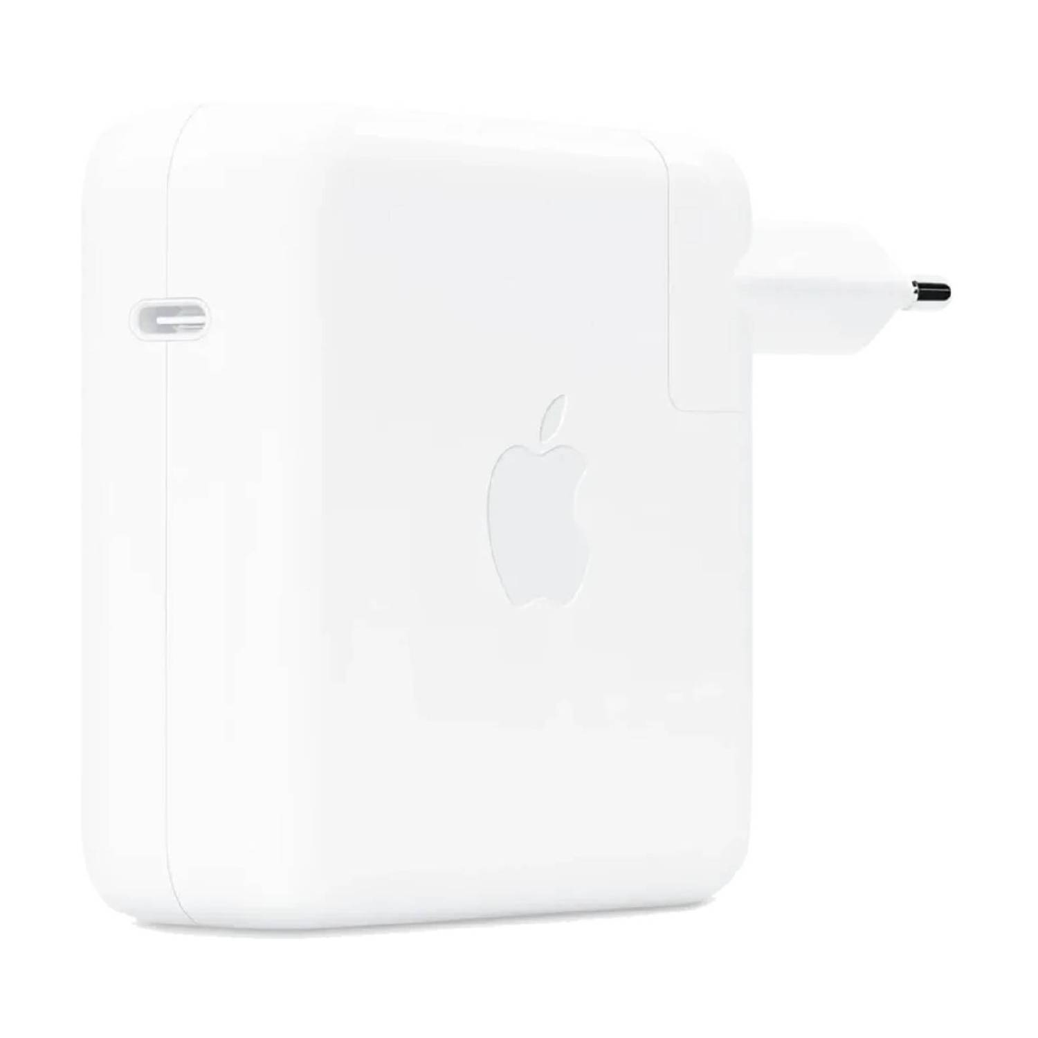 White Apple charger with a USB-C port and the Apple logo, with an EU plug.