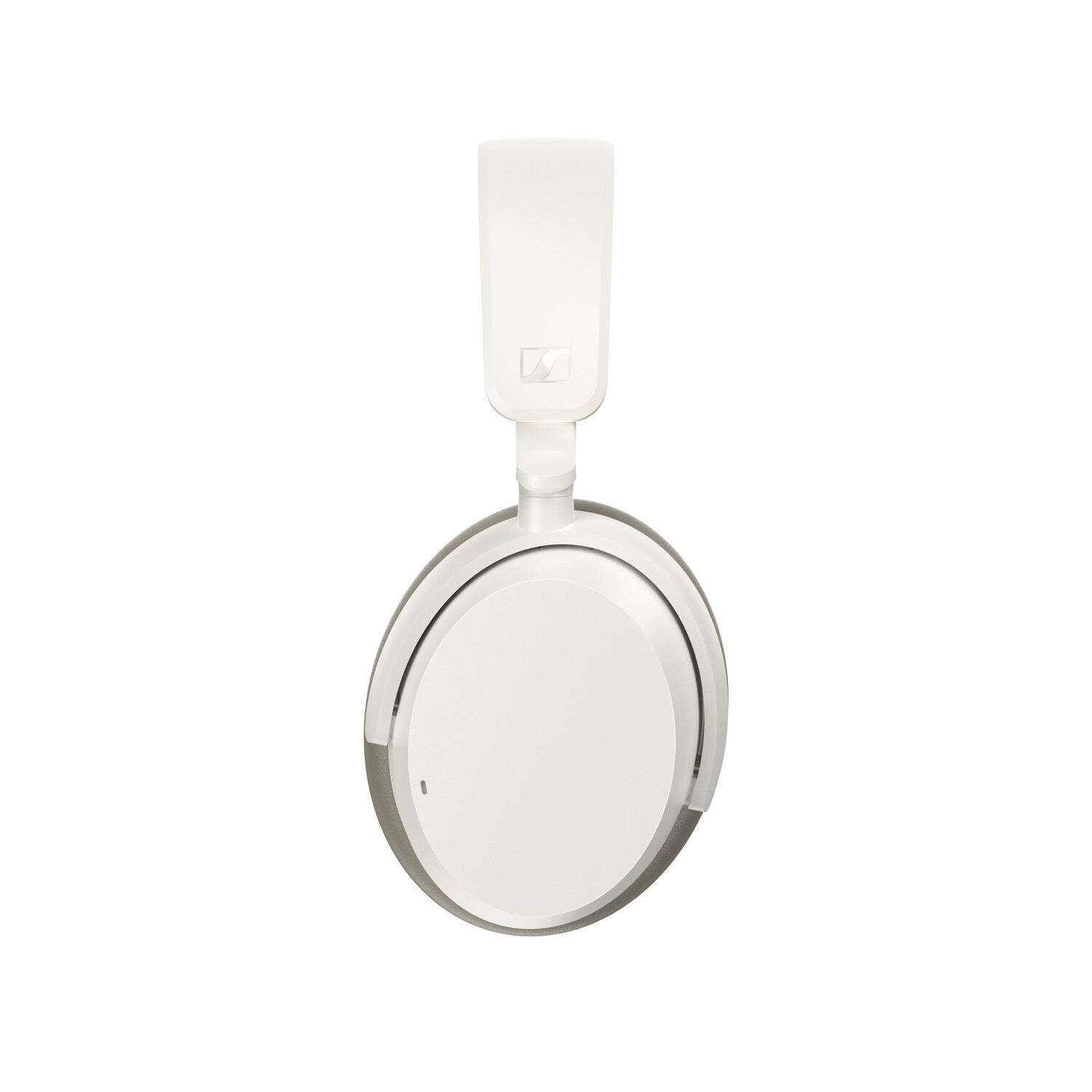 White headphones with a headband, seen from above, on a white background, clear and focused.