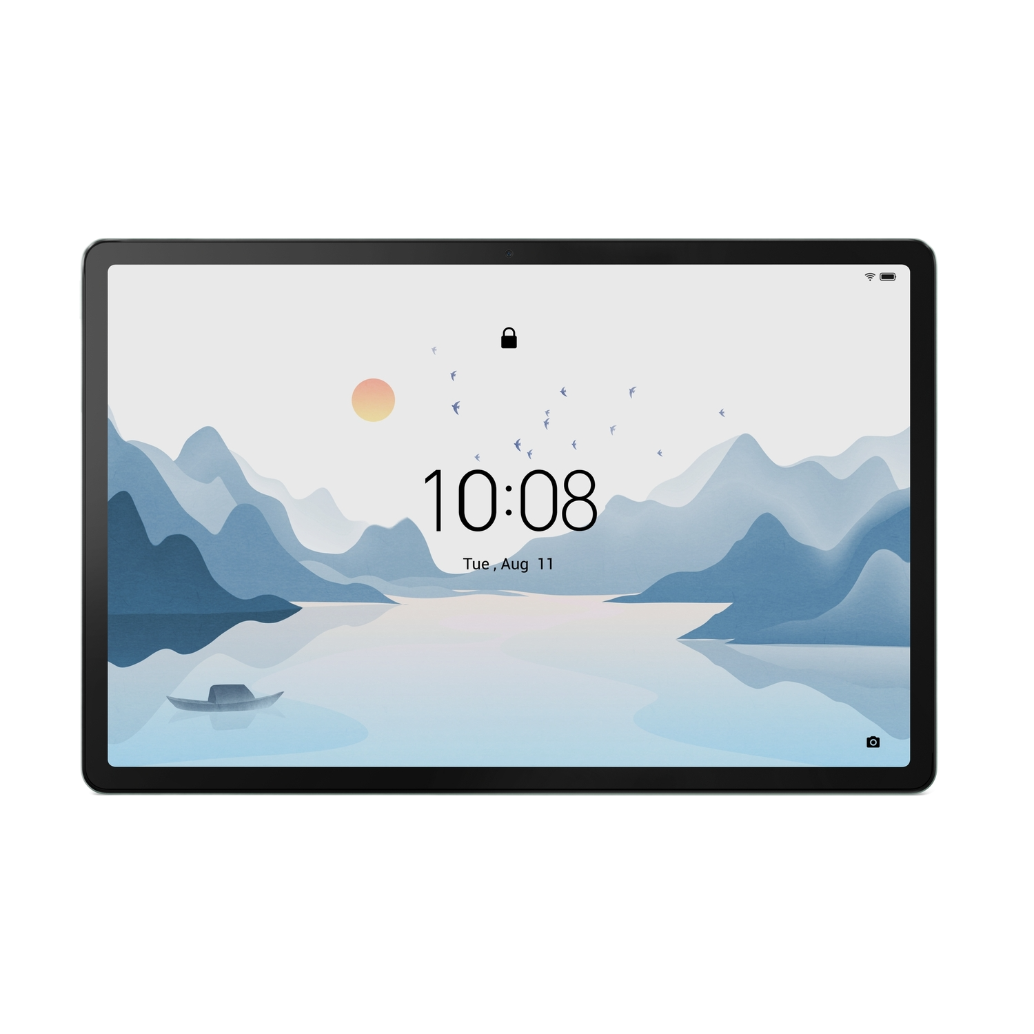 Tablette affichant un paysage serein avec montagnes, eau et soleil. Affiche l'heure 10h08, mardi 11 août.