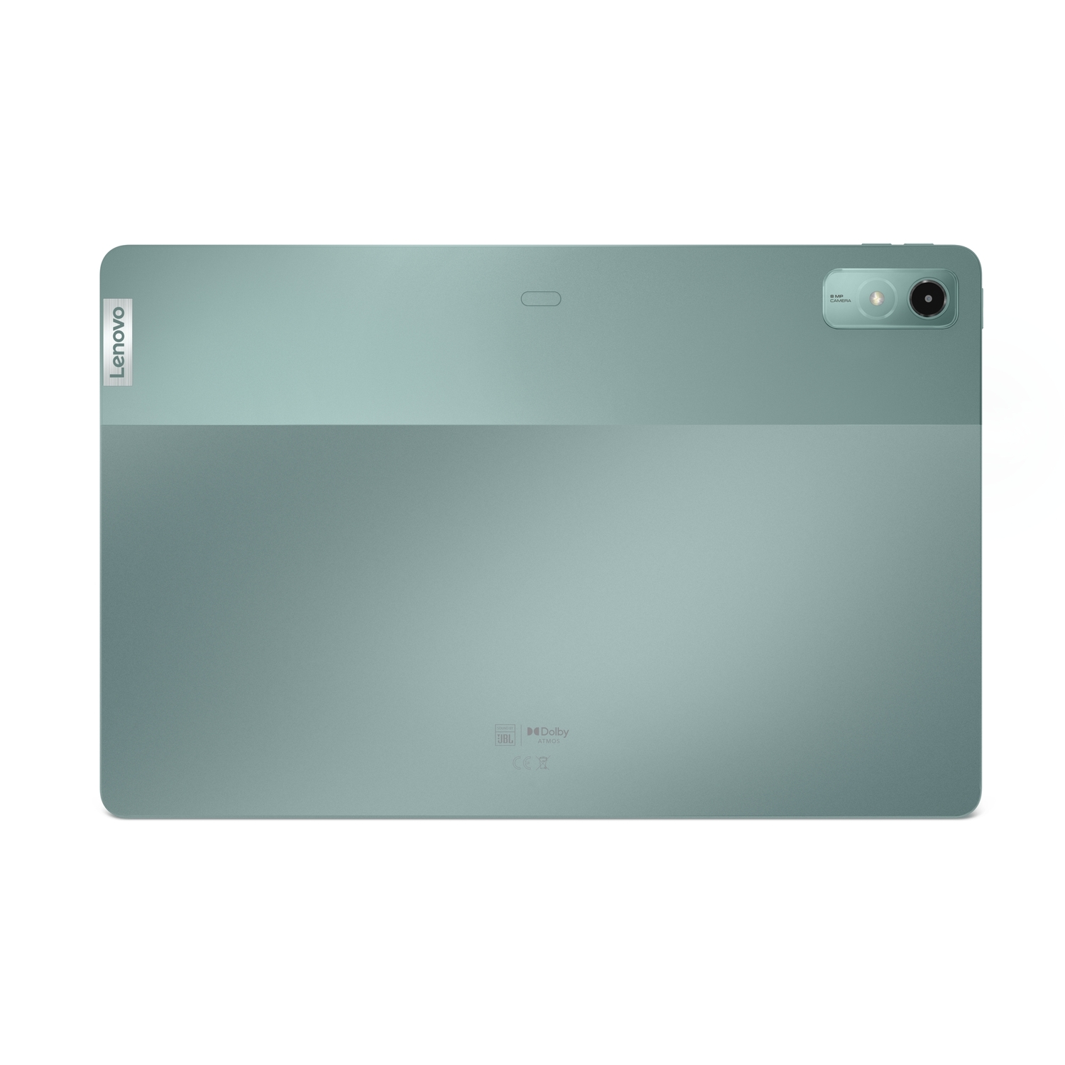 L'arrière d'une tablette sarcelle avec une caméra et le logo Lenovo. Elle a un design bicolore avec une ligne horizontale.