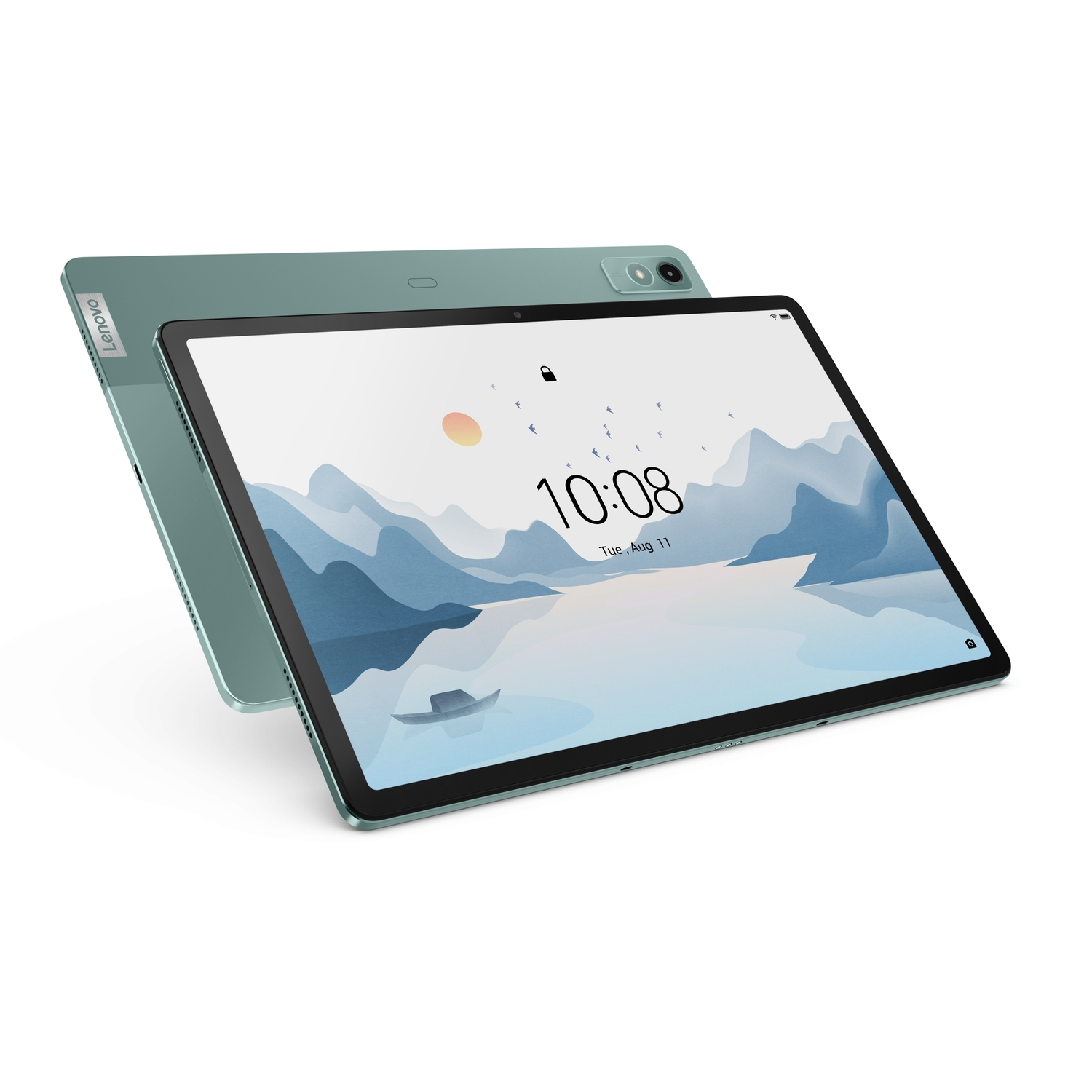 Une tablette en vert, montrant une scène de lac à 10h08. Une autre tablette est derrière.