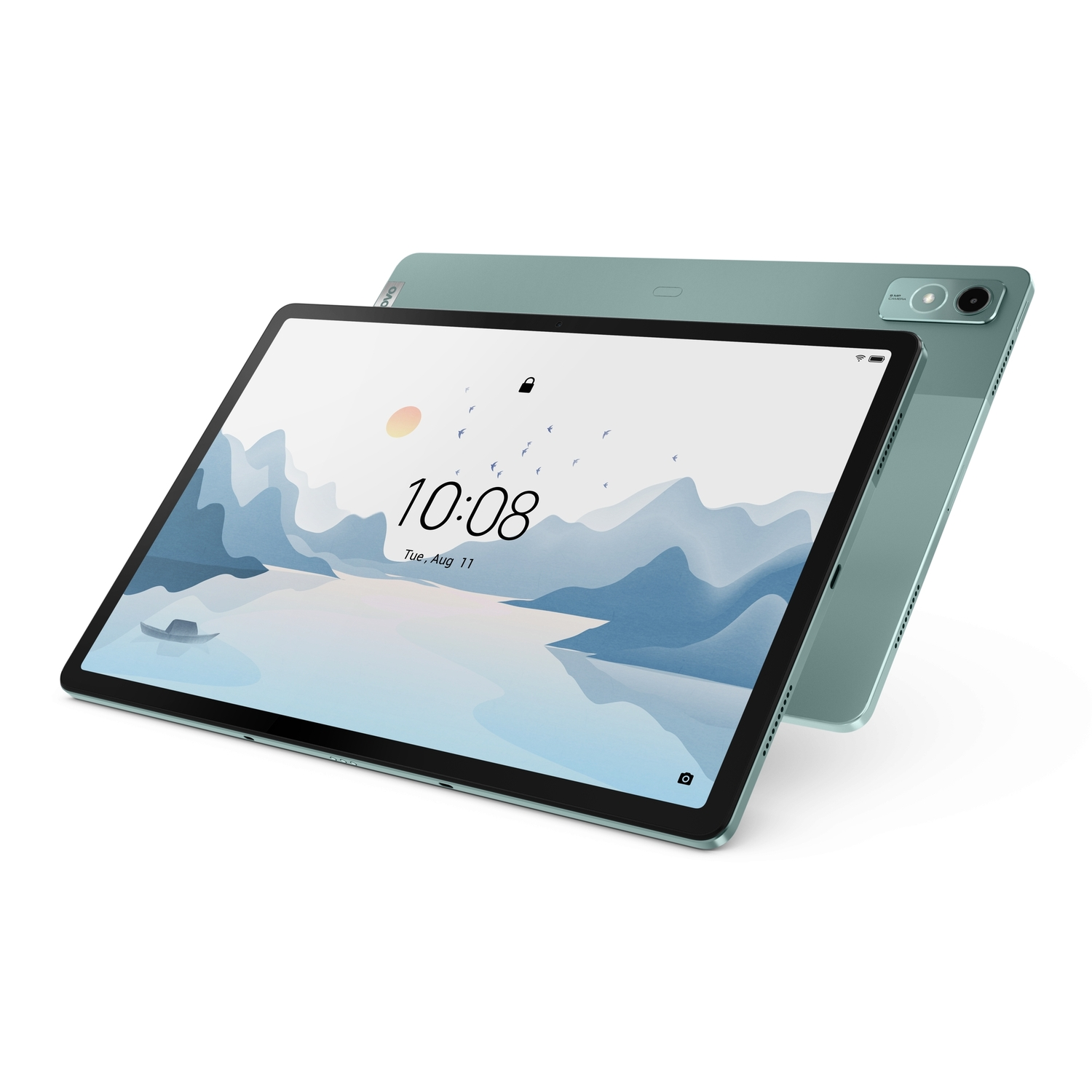 Tablette avec écran affichant une interface, dos vert clair, sur surface blanche.