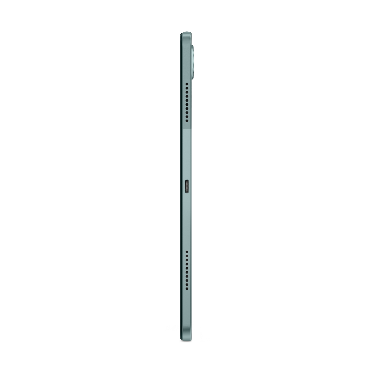 Vue latérale d'une tablette gris foncé. Comprend une caméra et des boutons sur le côté.
