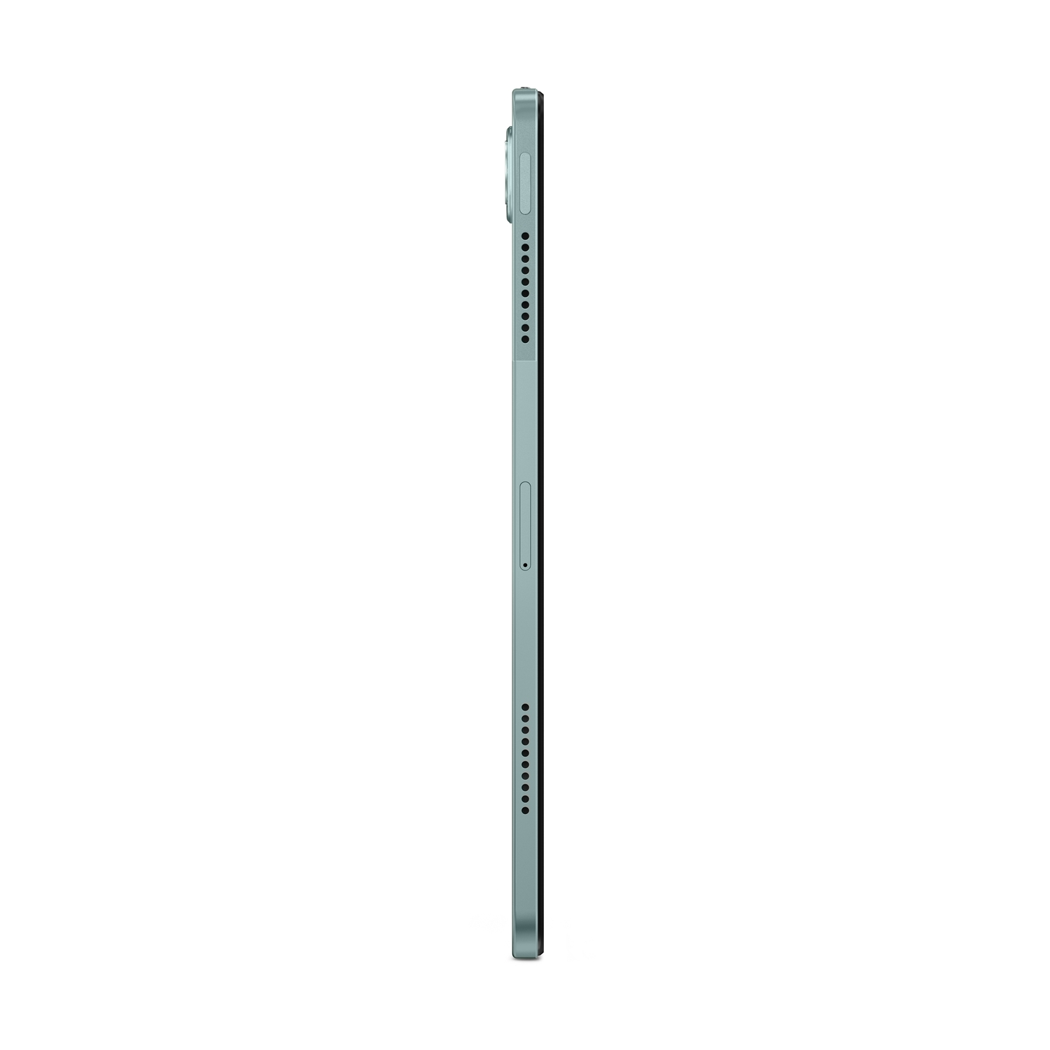Vue latérale d'une tablette, couleur verte, avec des haut-parleurs et une caméra. Bord noir.