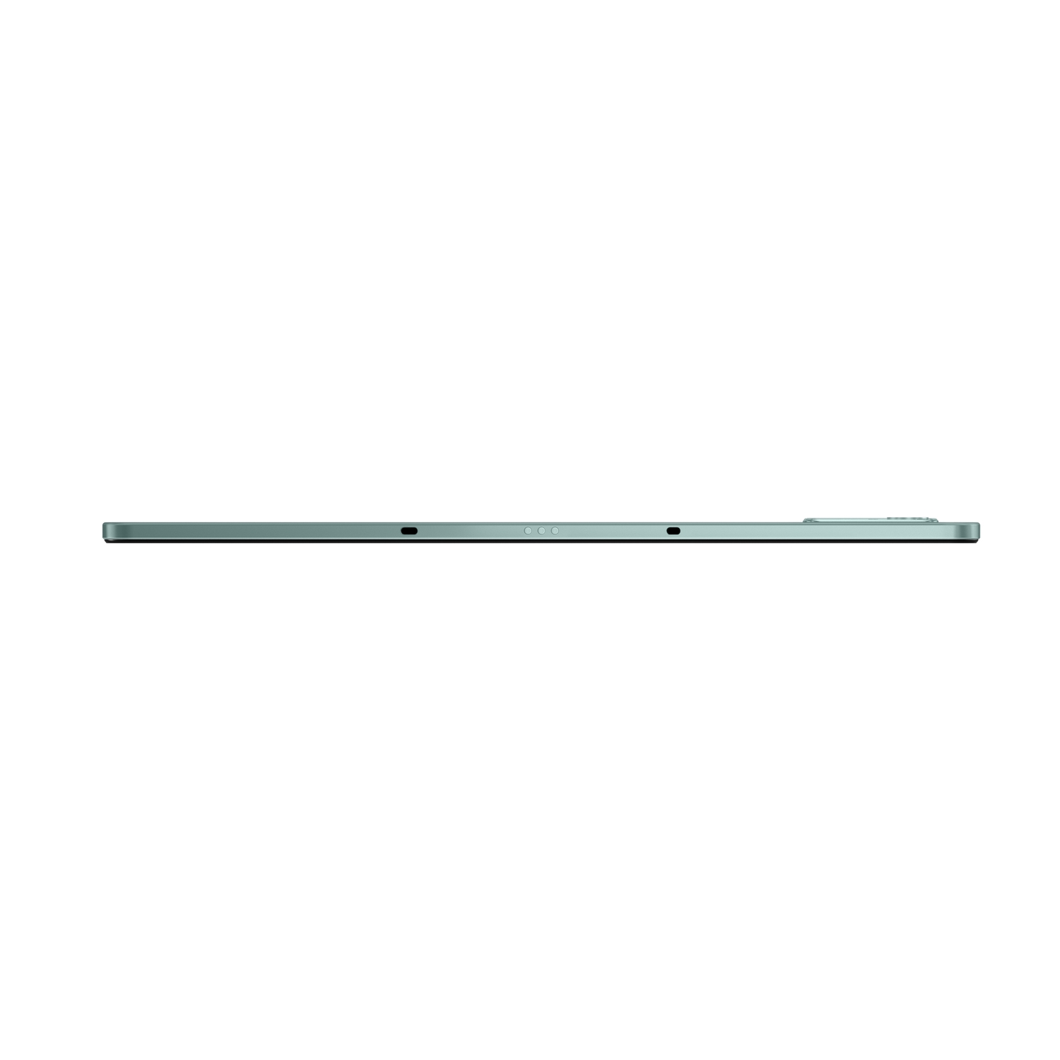 Vue latérale d'une tablette fine et argentée sur fond blanc.