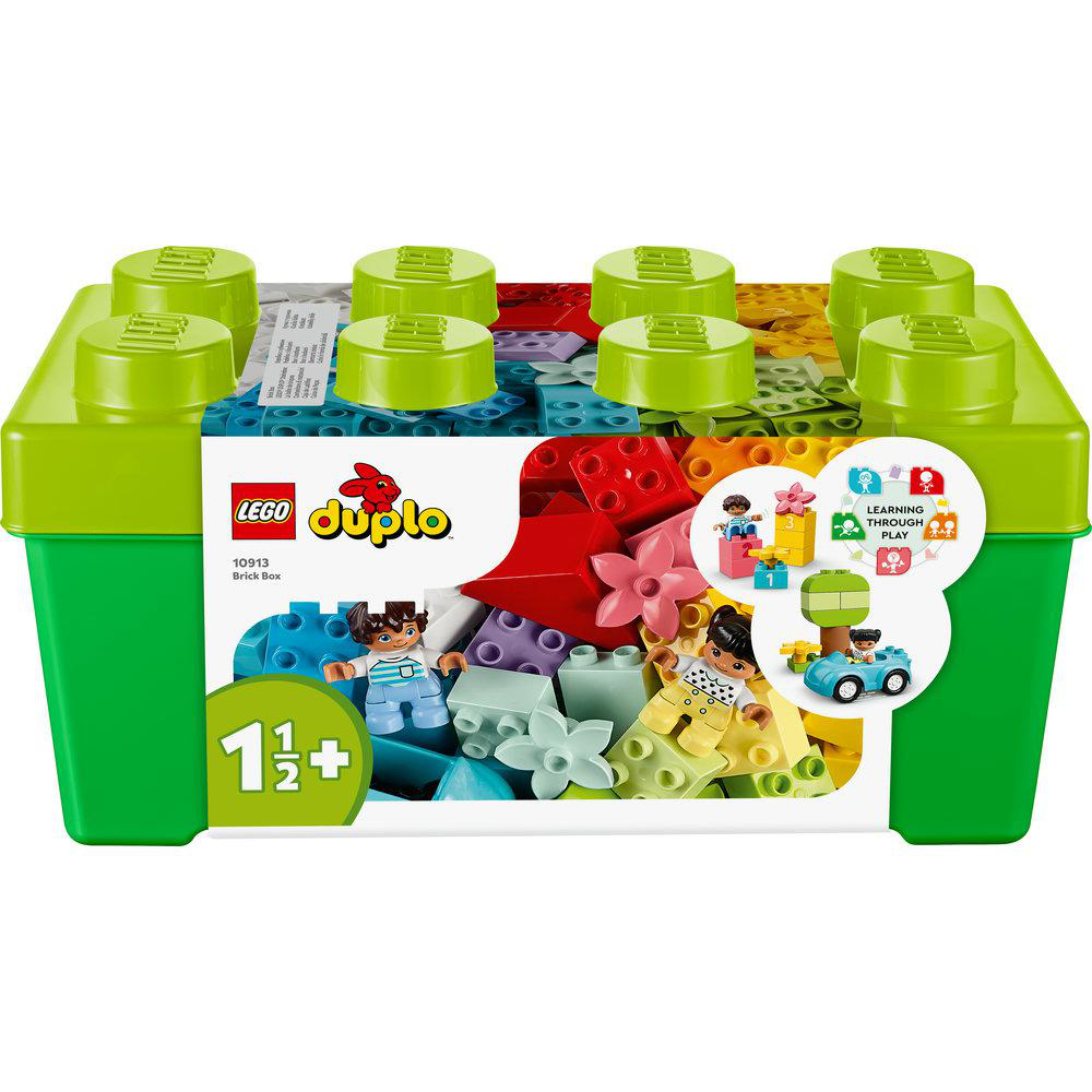 LEGO Duplo Bausteinkiste mit bunten Steinen, Figuren und einer kleinen Auto-Spielzeug-Szene.