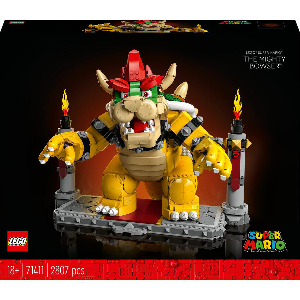 LEGO-Set von Bowser in einer Box, mit roten, gelben und schwarzen Farben. Es hat ein Super Mario-Logo.